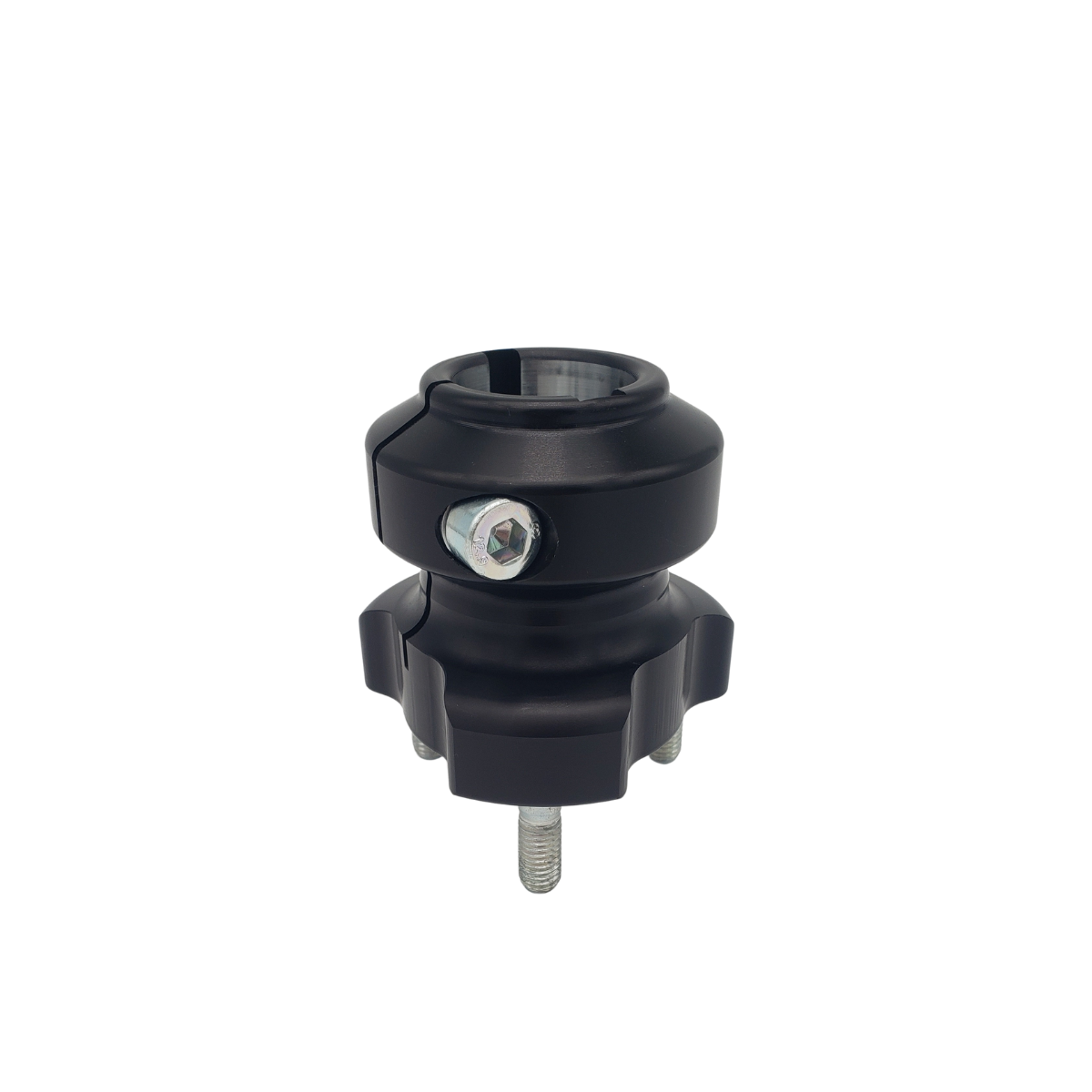 Black mechanical clamp with a silver screw on a white background