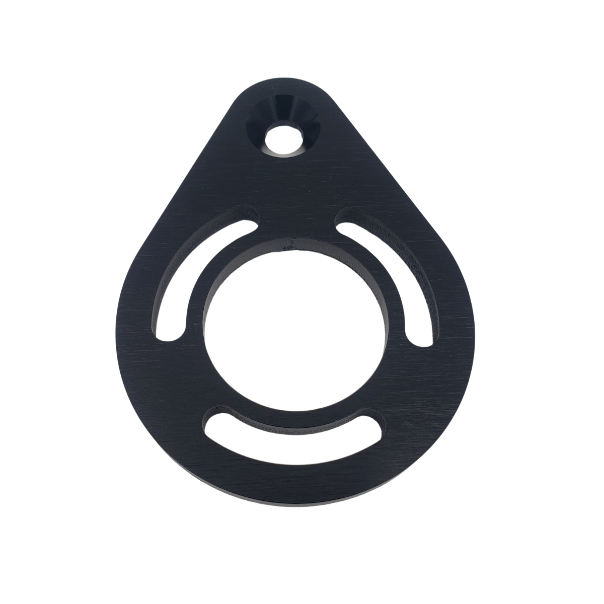 Black teardrop-shaped mounting plate with circular cutouts and a top screw hole on a white background