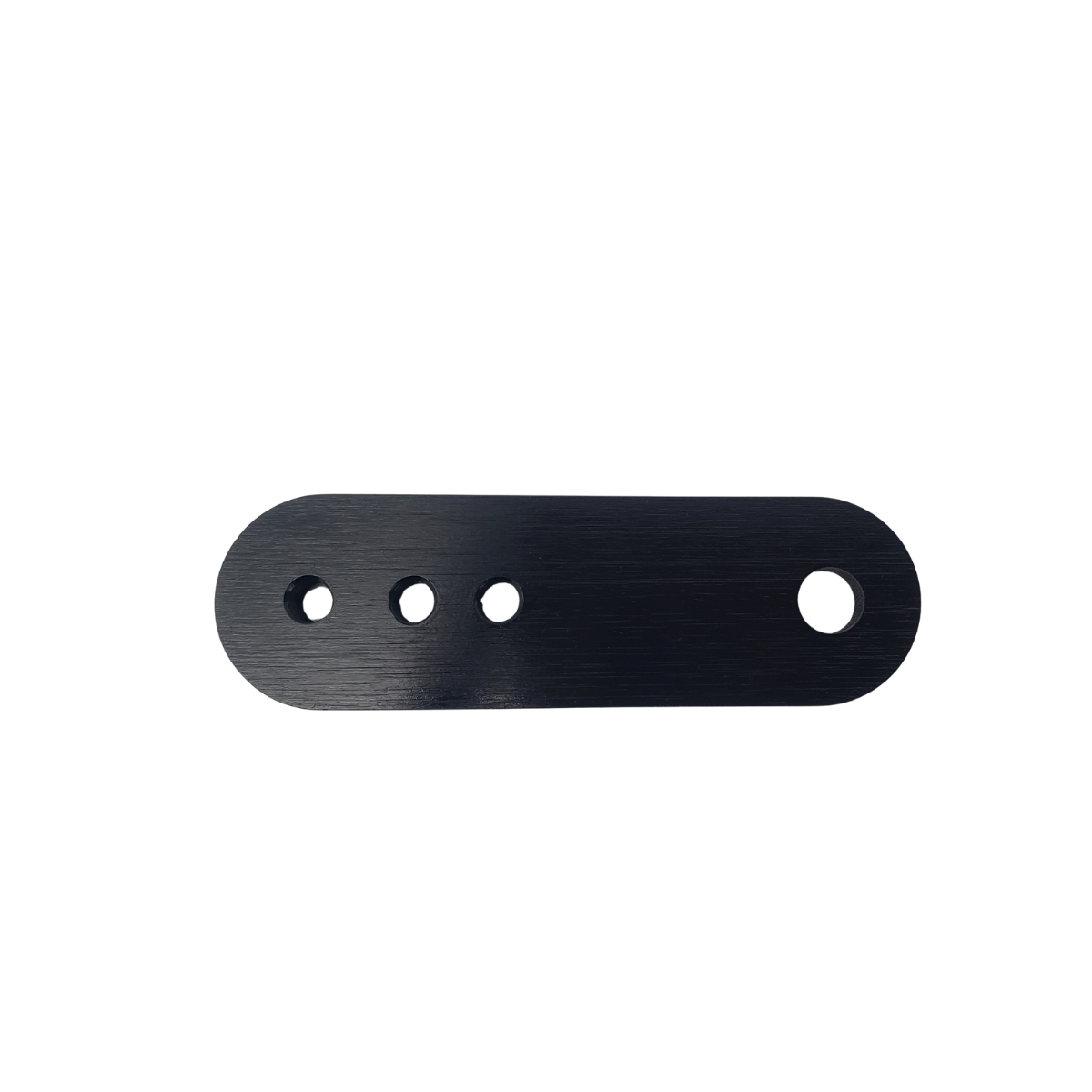 Black metal slotted bracket with four holes on a white background