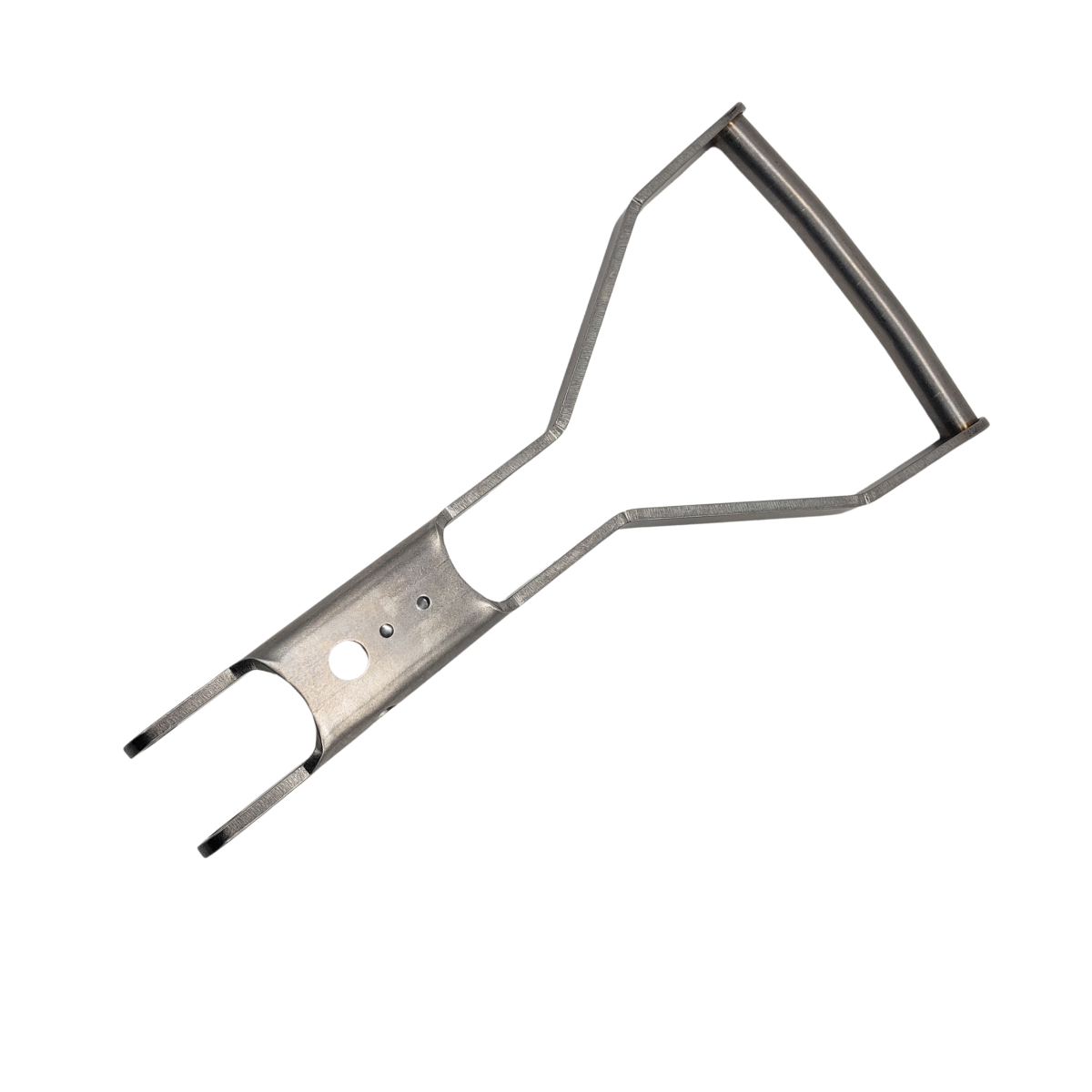 Metal grilling fork with a wooden handle and two prongs on a white background