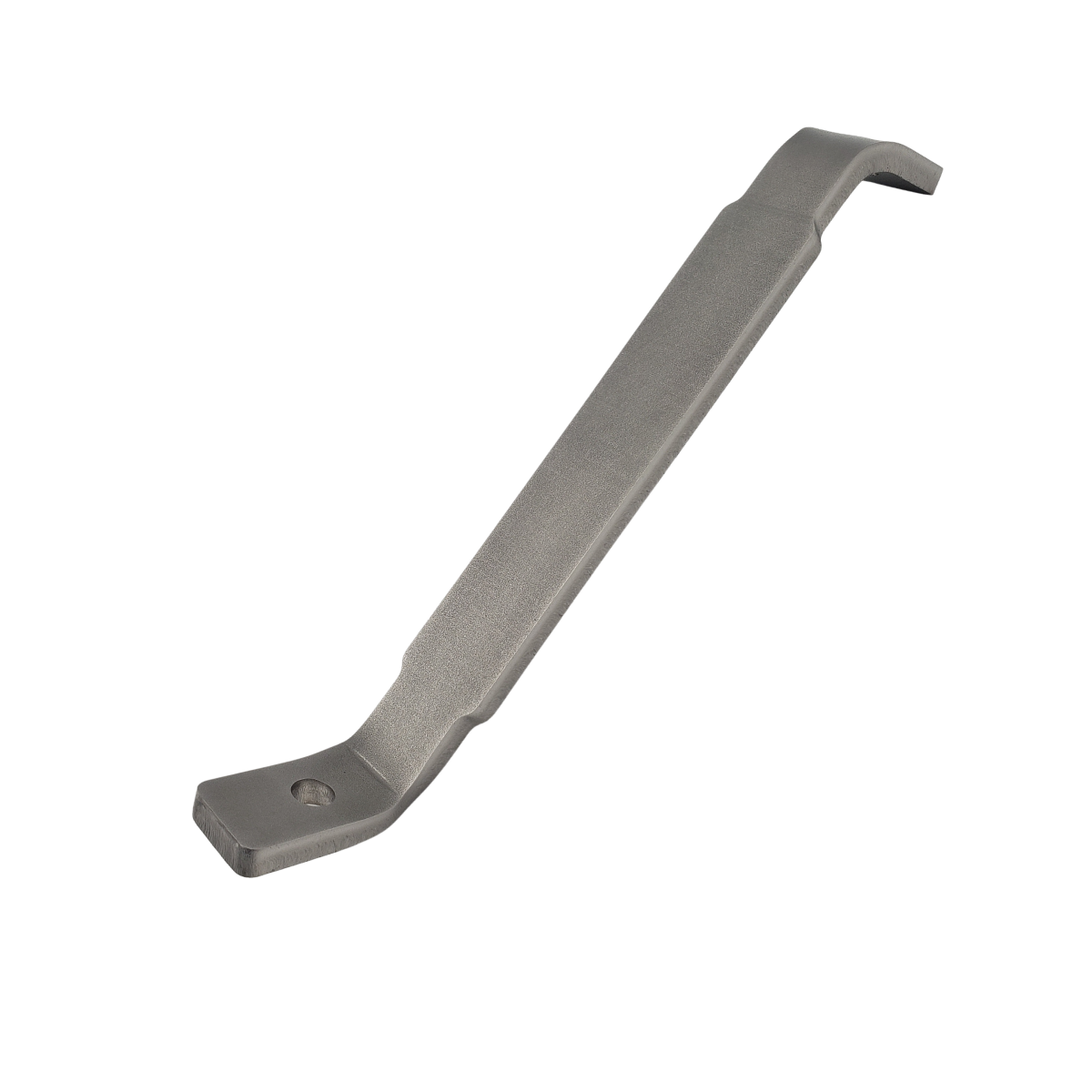 Gray metal pry bar with angled ends on a white background