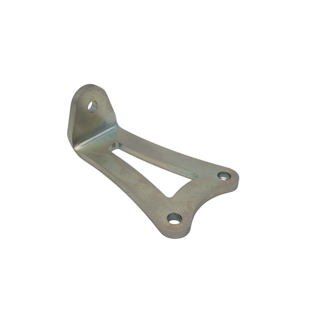Silver metal mounting bracket with three holes on a white background