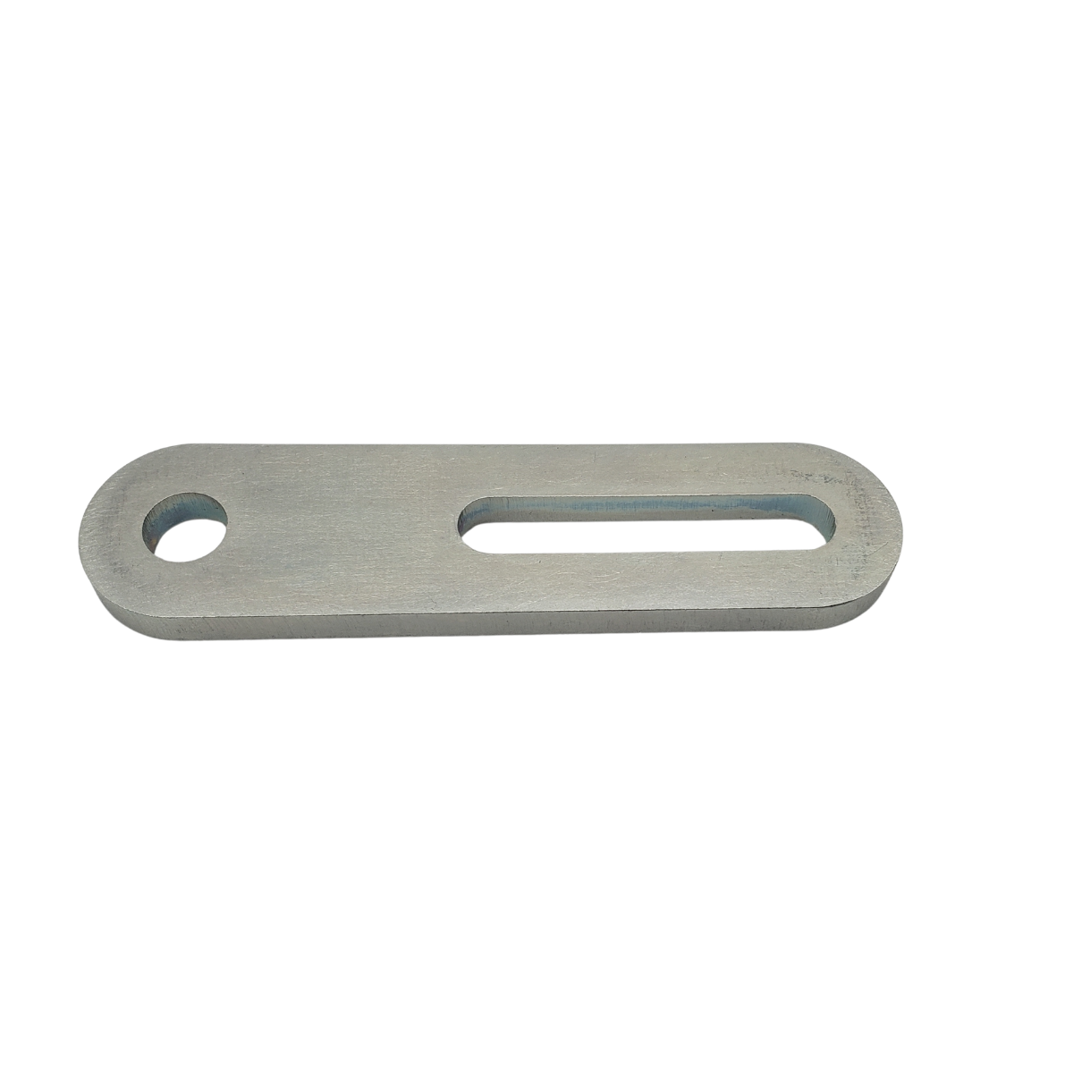 Silver metal slotted mounting bracket with one round hole and one elongated slot