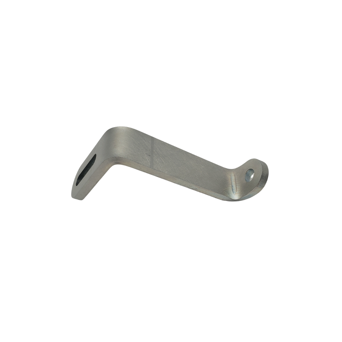 Silver metal bracket with two mounting holes, bent at an angle on a white background