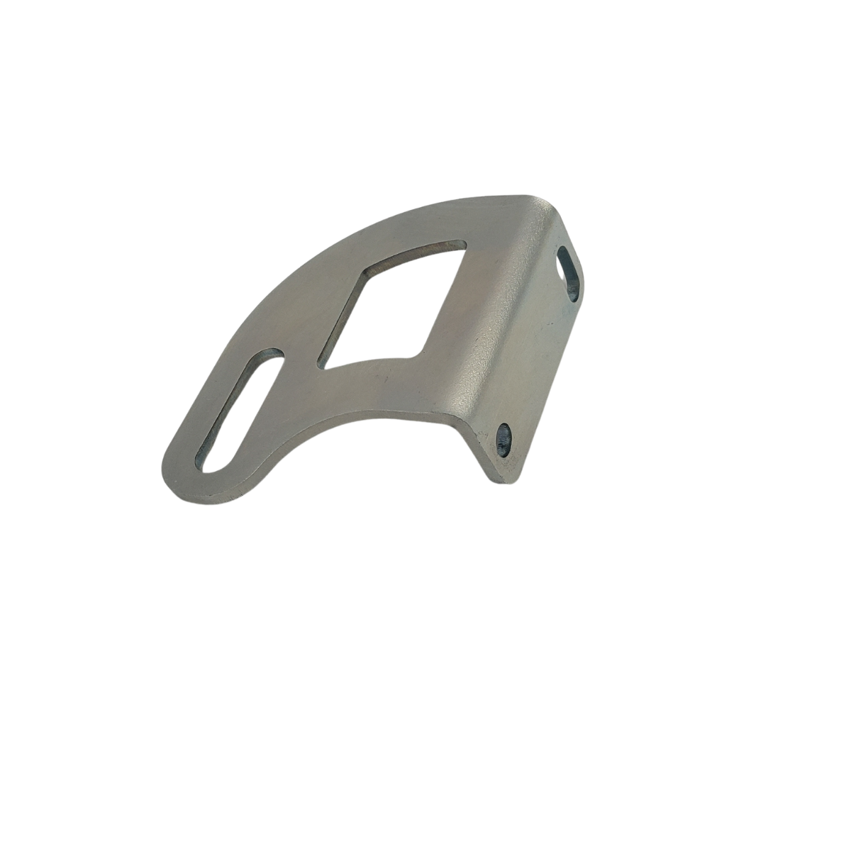 Gray metal bracket with a rectangular cutout and slotted hole on a white background