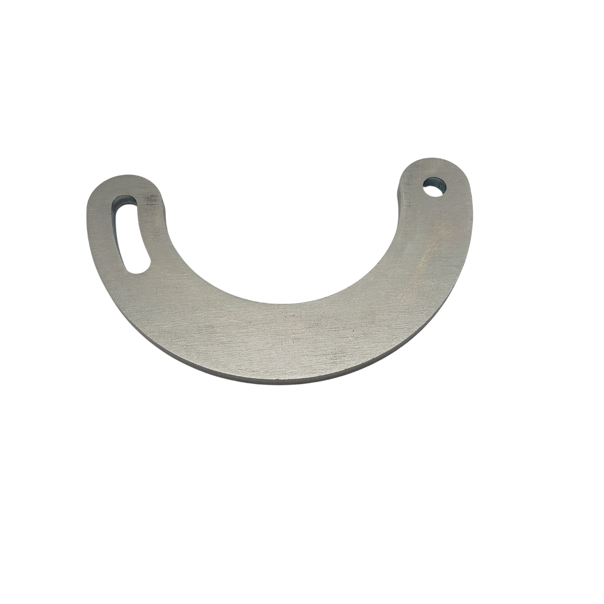 Silver metal washer with a curved slot and a small hole on a white background