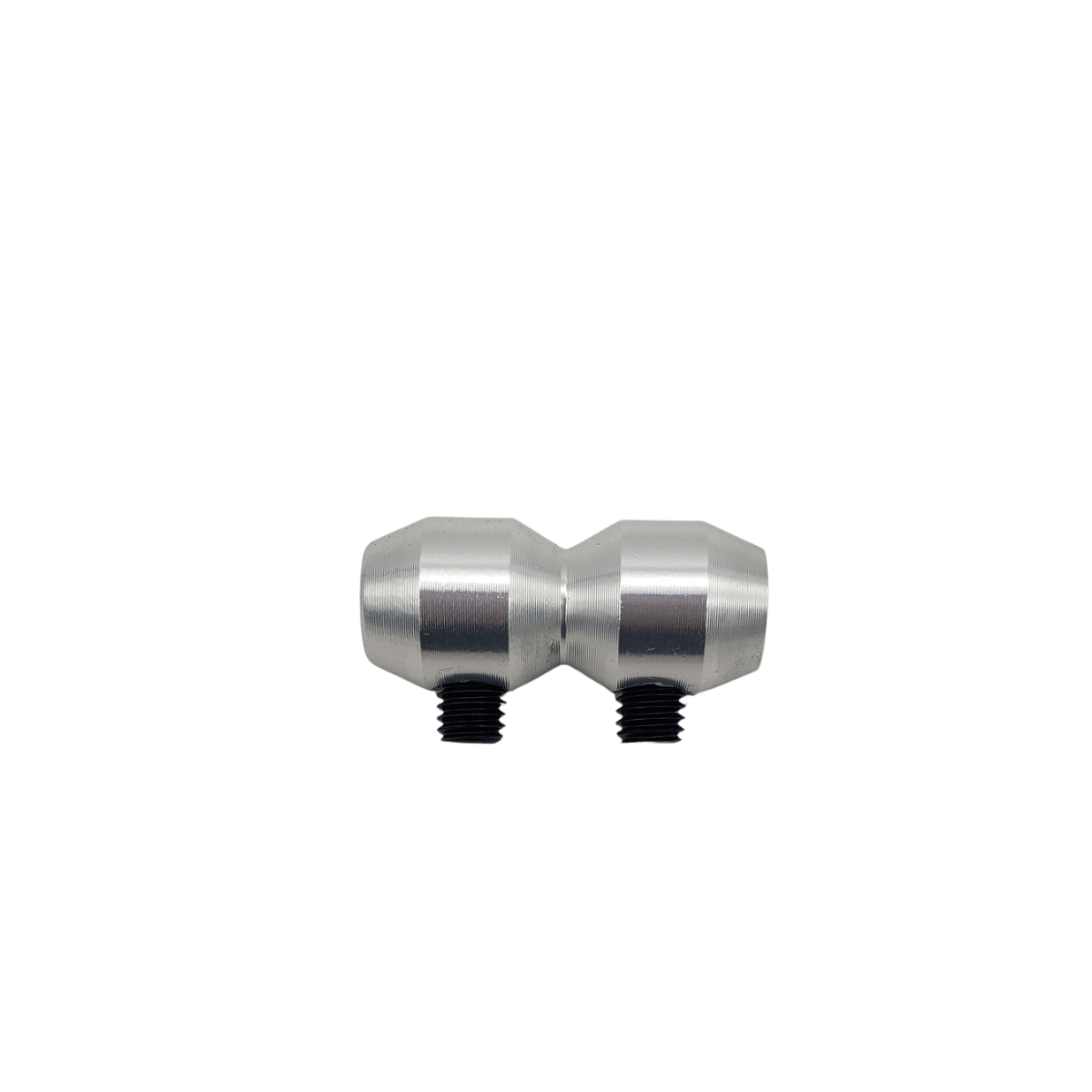 Silver double-ended threaded metal connector on a white background