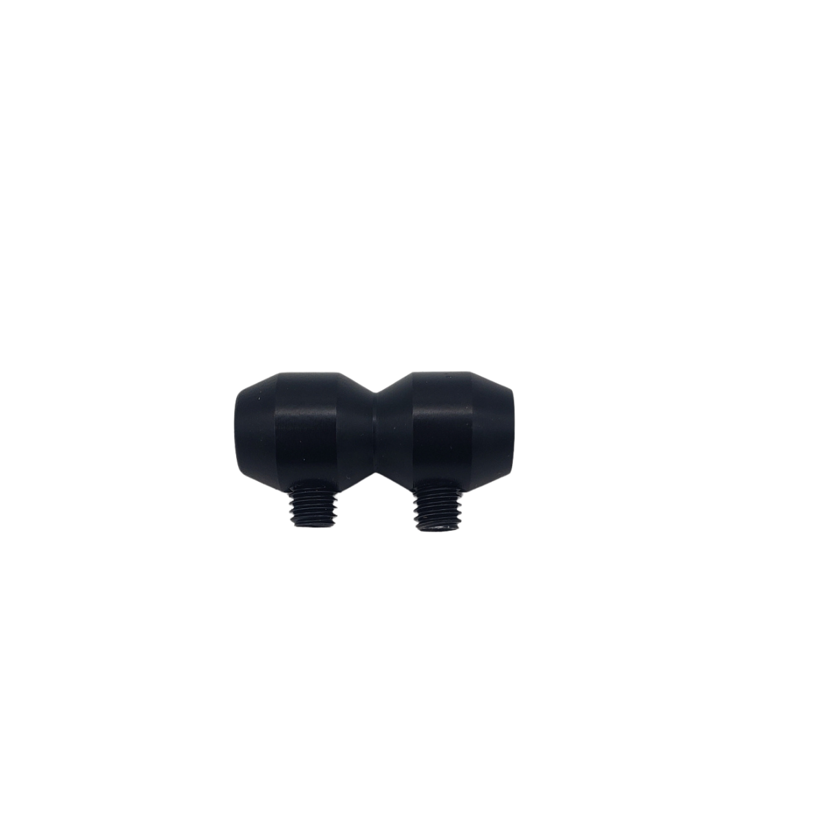 Black dual-thread connector fitting on a white background