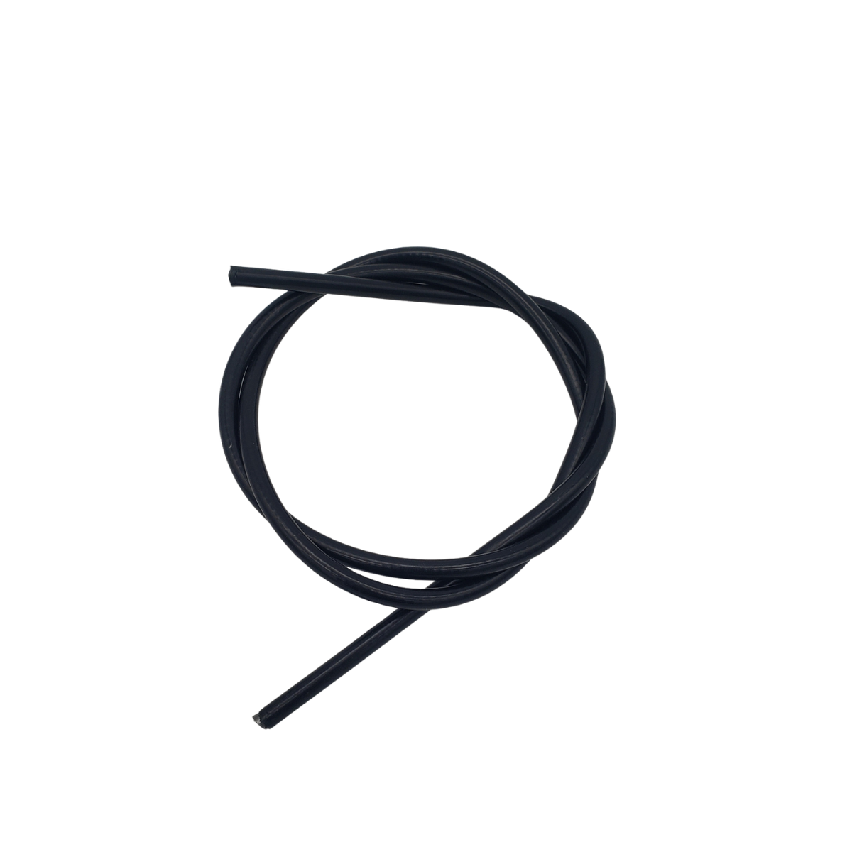 Black coiled cable with one loose end on a white background