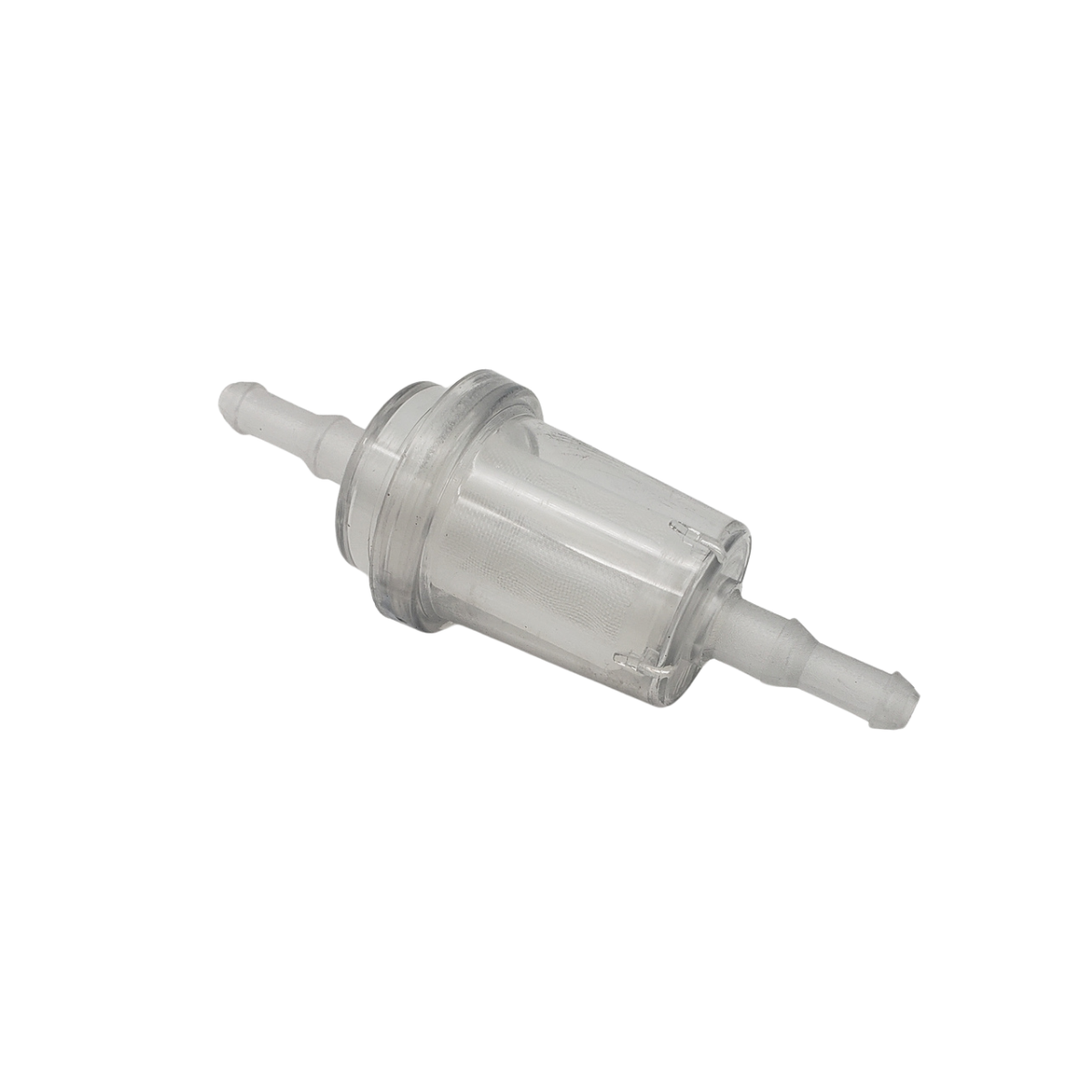 Clear inline fuel filter with hose fittings on both ends