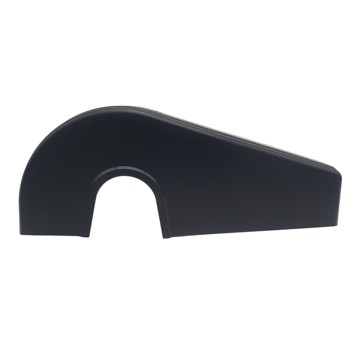 Black curved plastic object with a U-shaped cutout on a white background