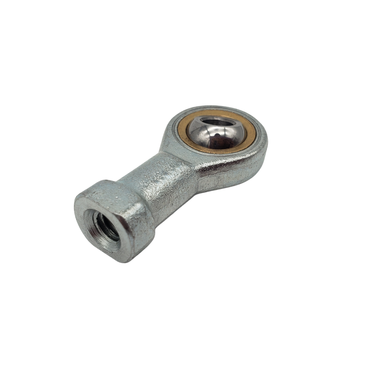 Metal rod end bearing with a circular eye and threaded end on a white background