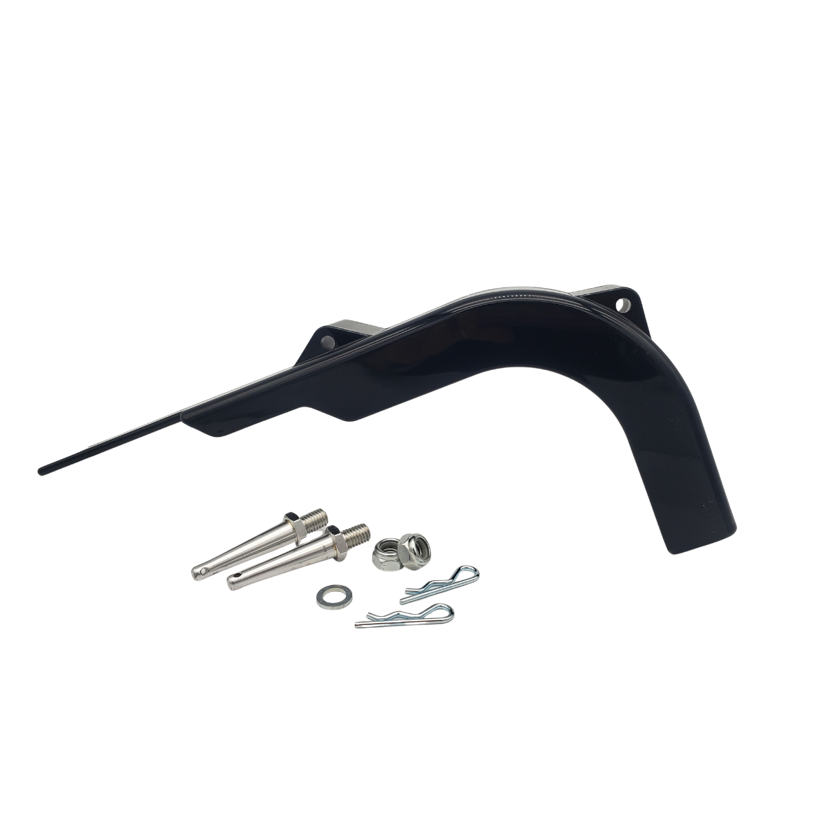 Black curved metal bracket with mounting screws and hardware on white background