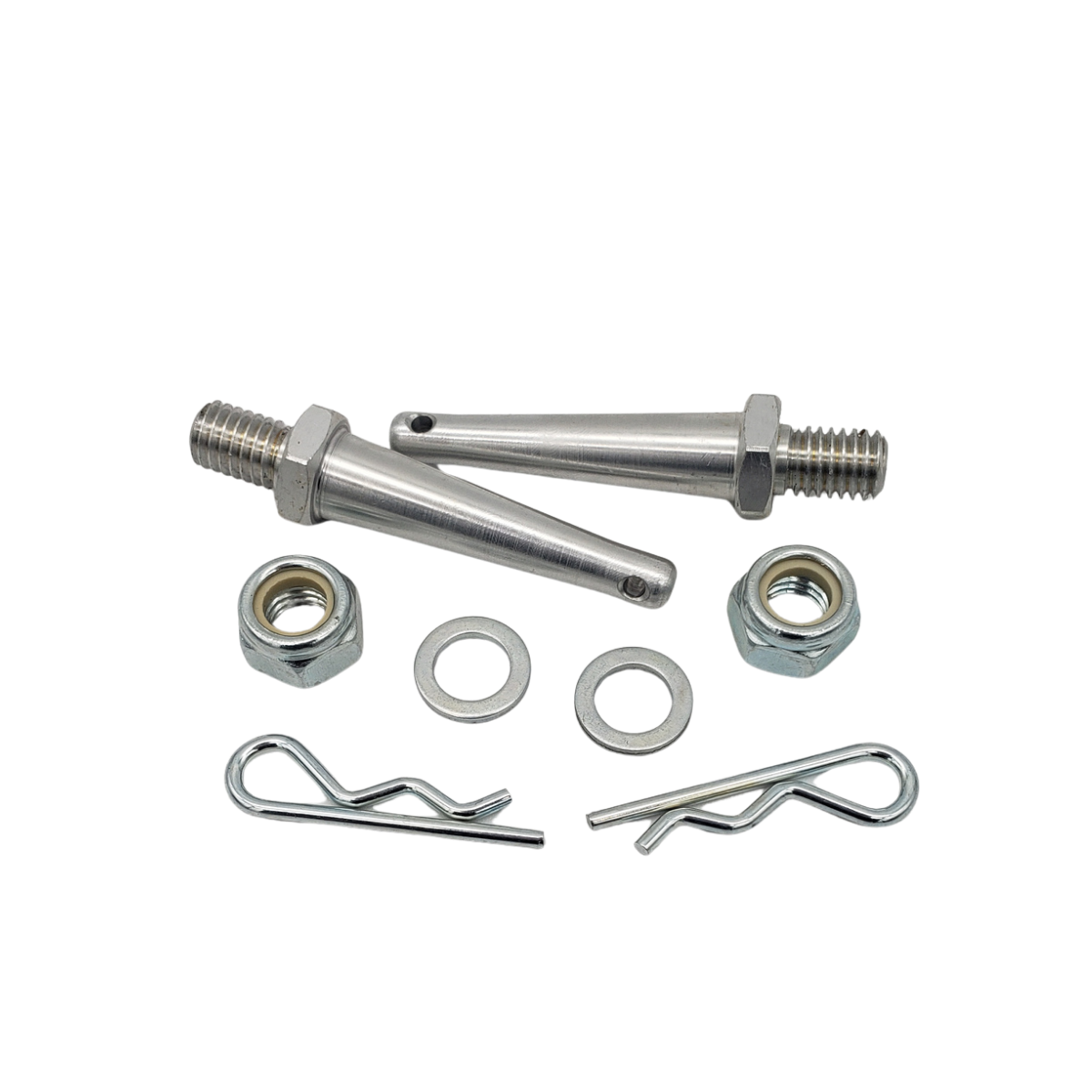 Metal hardware kit with two bolts, two nuts, two washers, and two cotter pins on white background