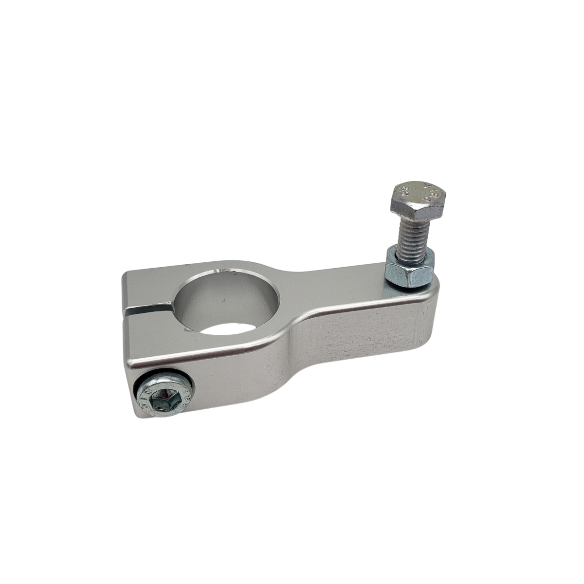 Metal pipe clamp with a circular opening and a tightening bolt on a white background