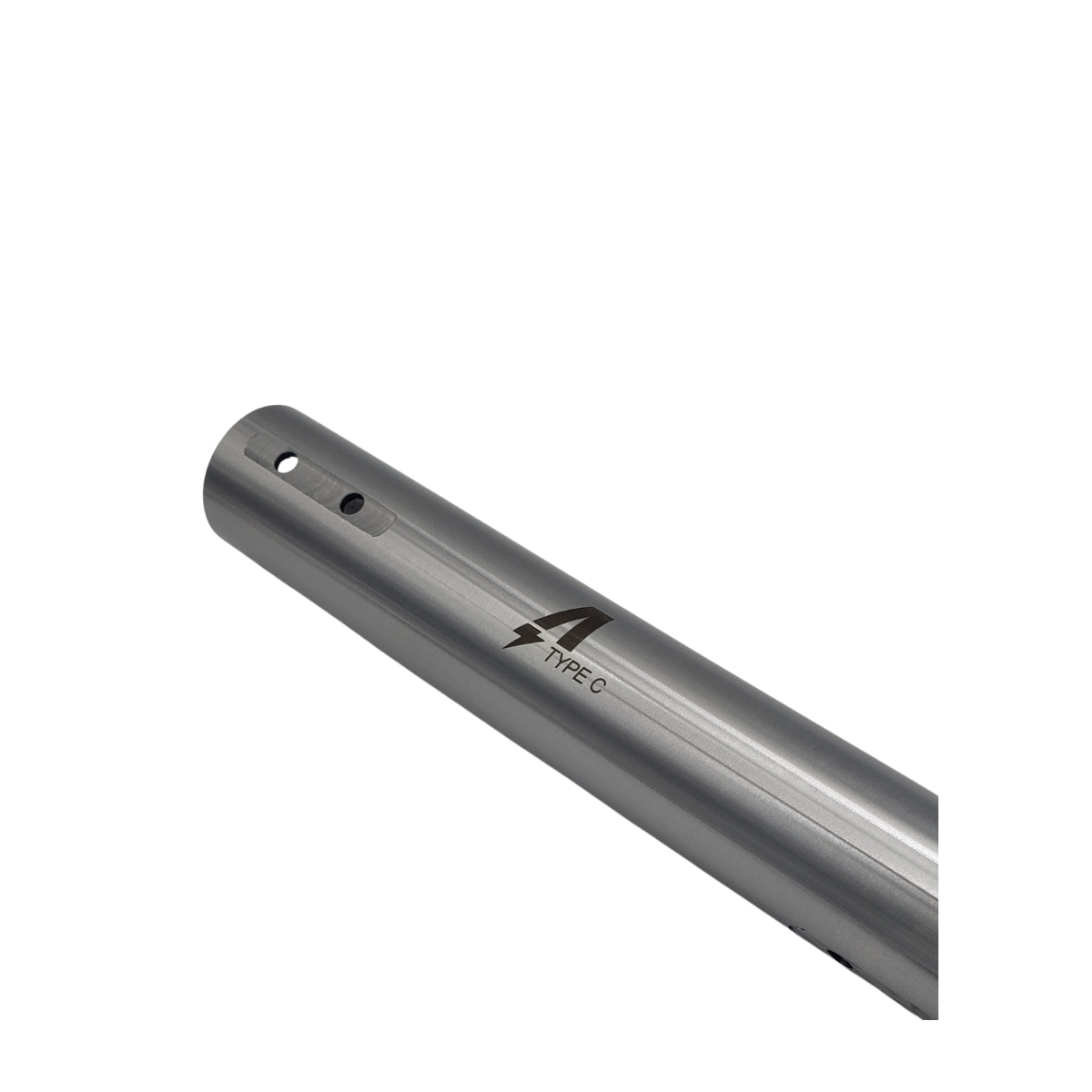 Silver metal tube with two small holes and a black logo on a white background