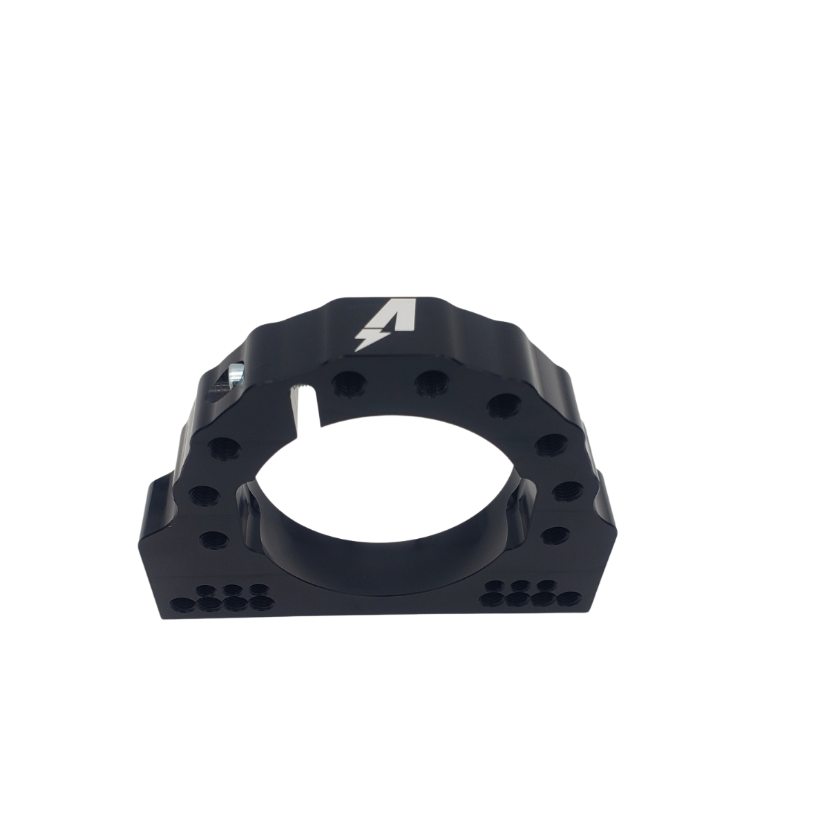 Black metal motorcycle handlebar clamp with a silver lightning logo on a white background