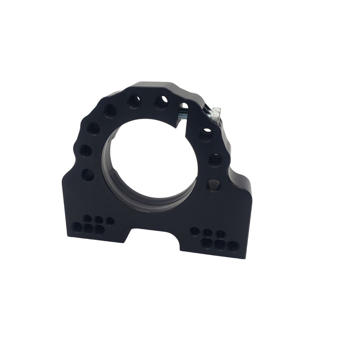 Black metal mechanical bracket with a large circular center opening and multiple mounting holes