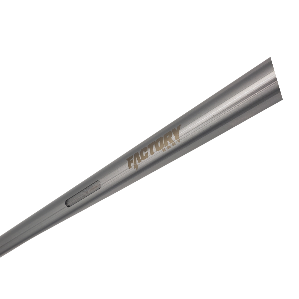 Close-up of a metallic silver tapered pen with gold lettering on a white background