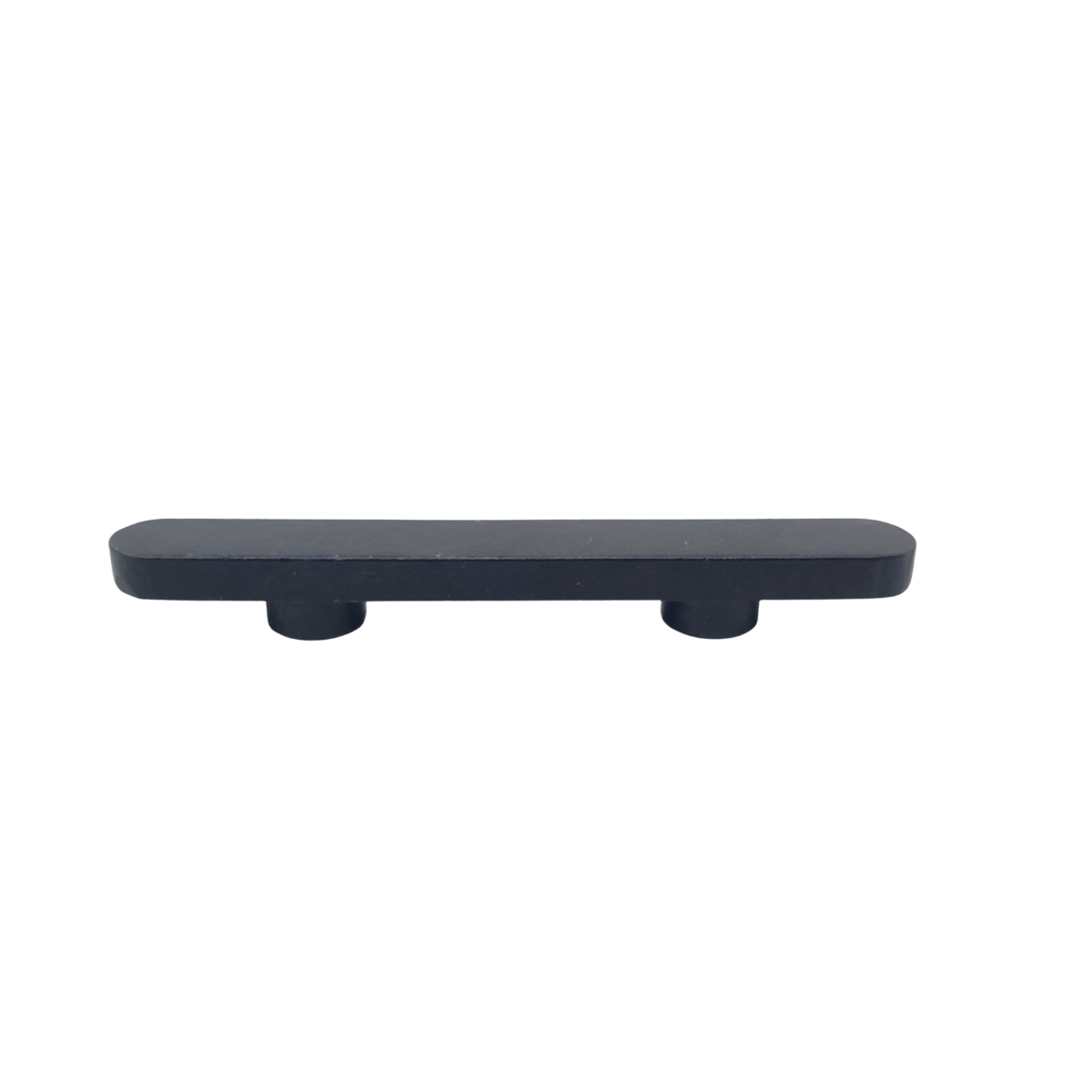 Black skateboard deck with two visible wheels, side view on a white background