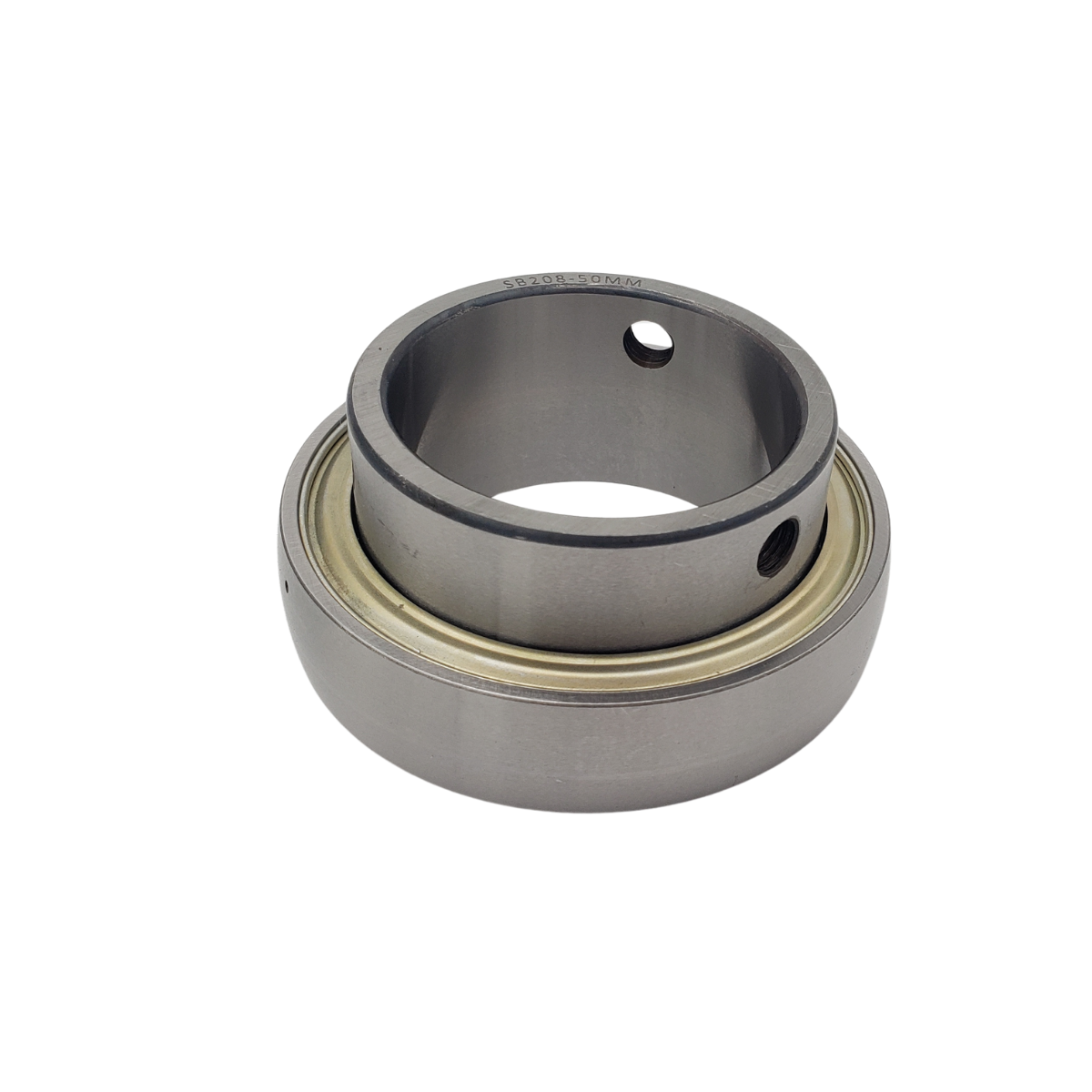 Gray metal bearing with brass ring and inner sleeve on a white background