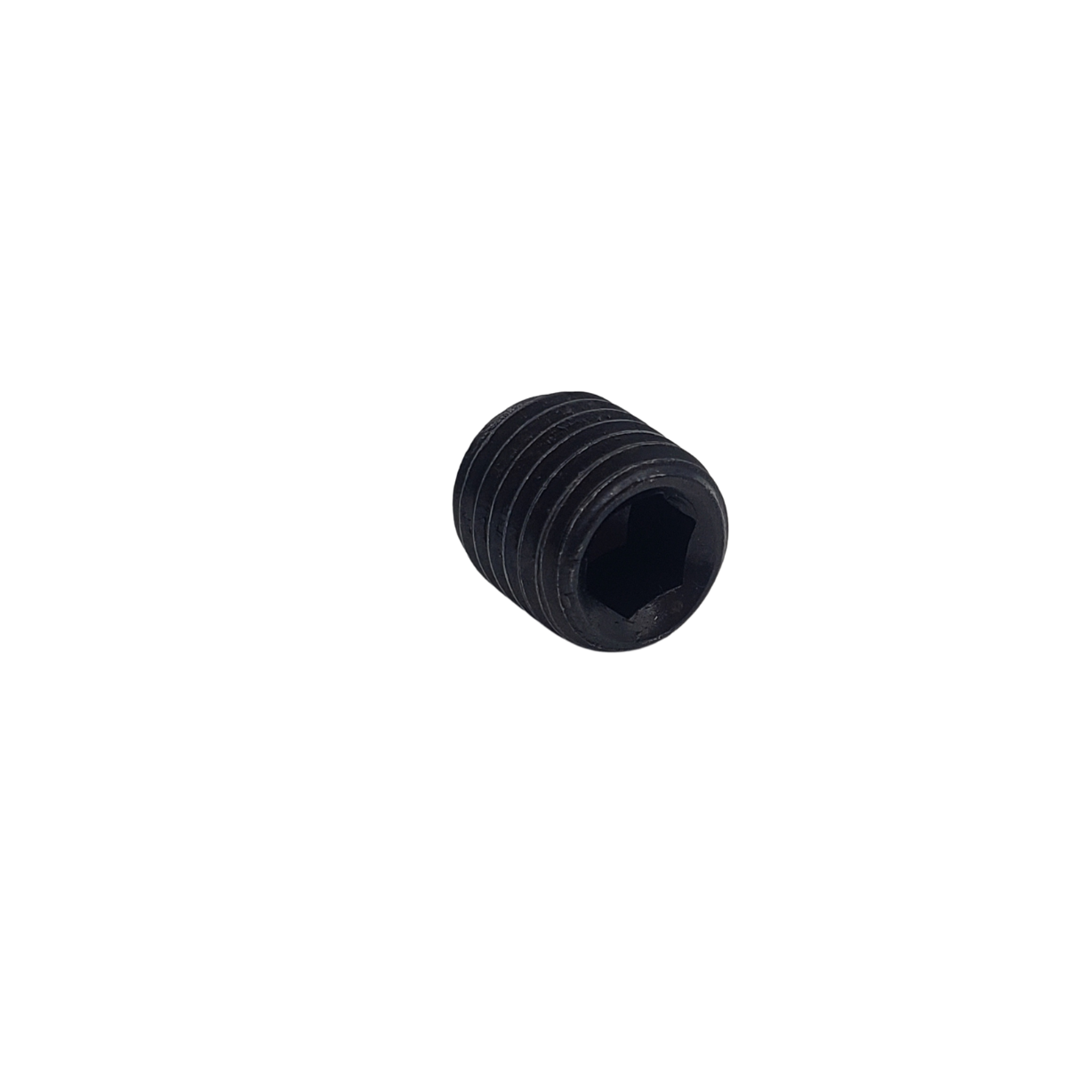 Black threaded set screw on a white background