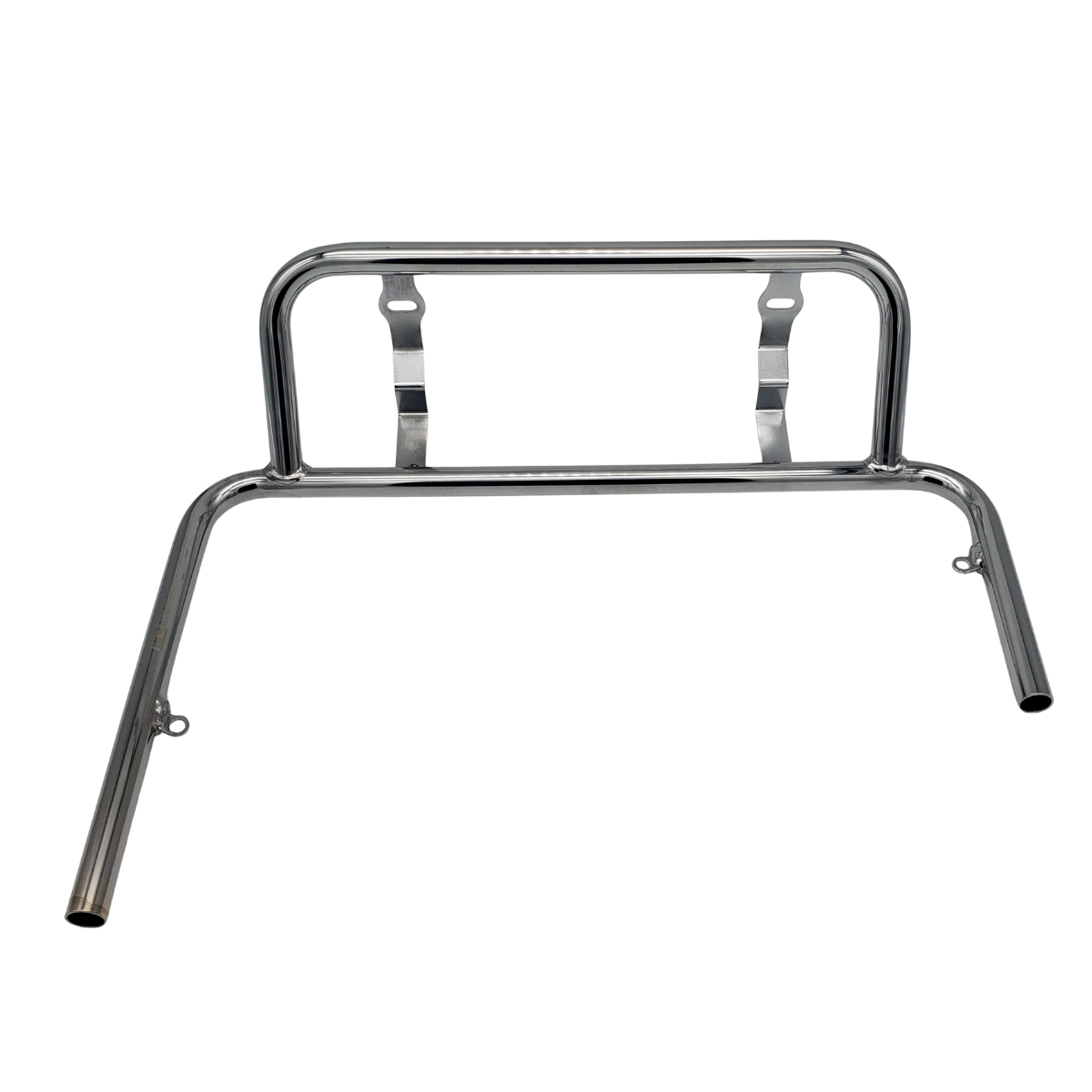 Chrome-finished metal bicycle handlebar rack on a white background