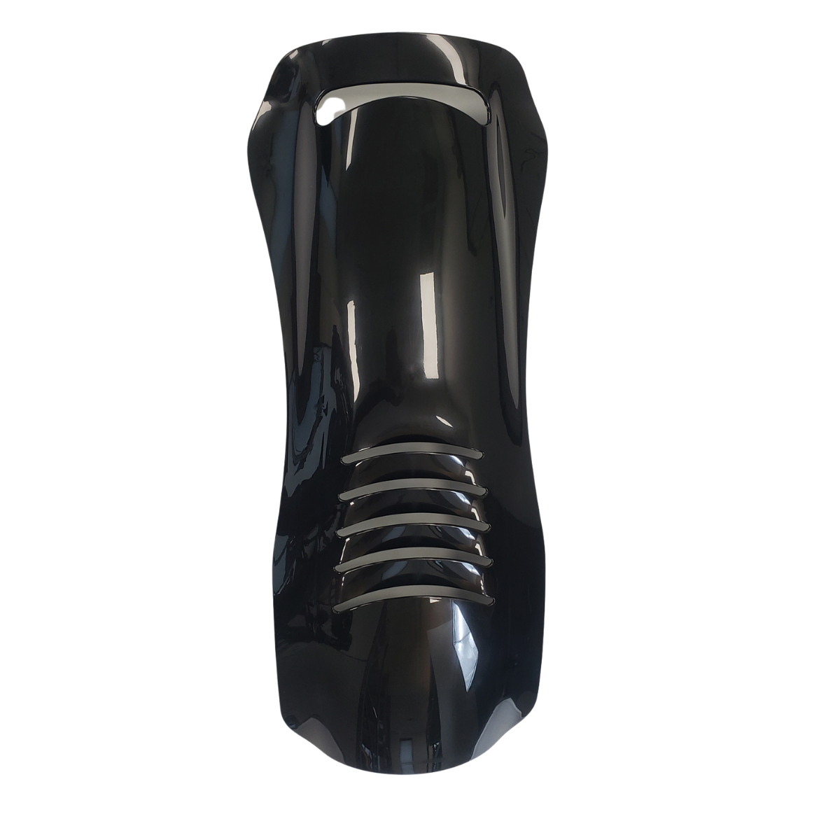 Black glossy knee-high boot with front laces and a cutout handle at the top