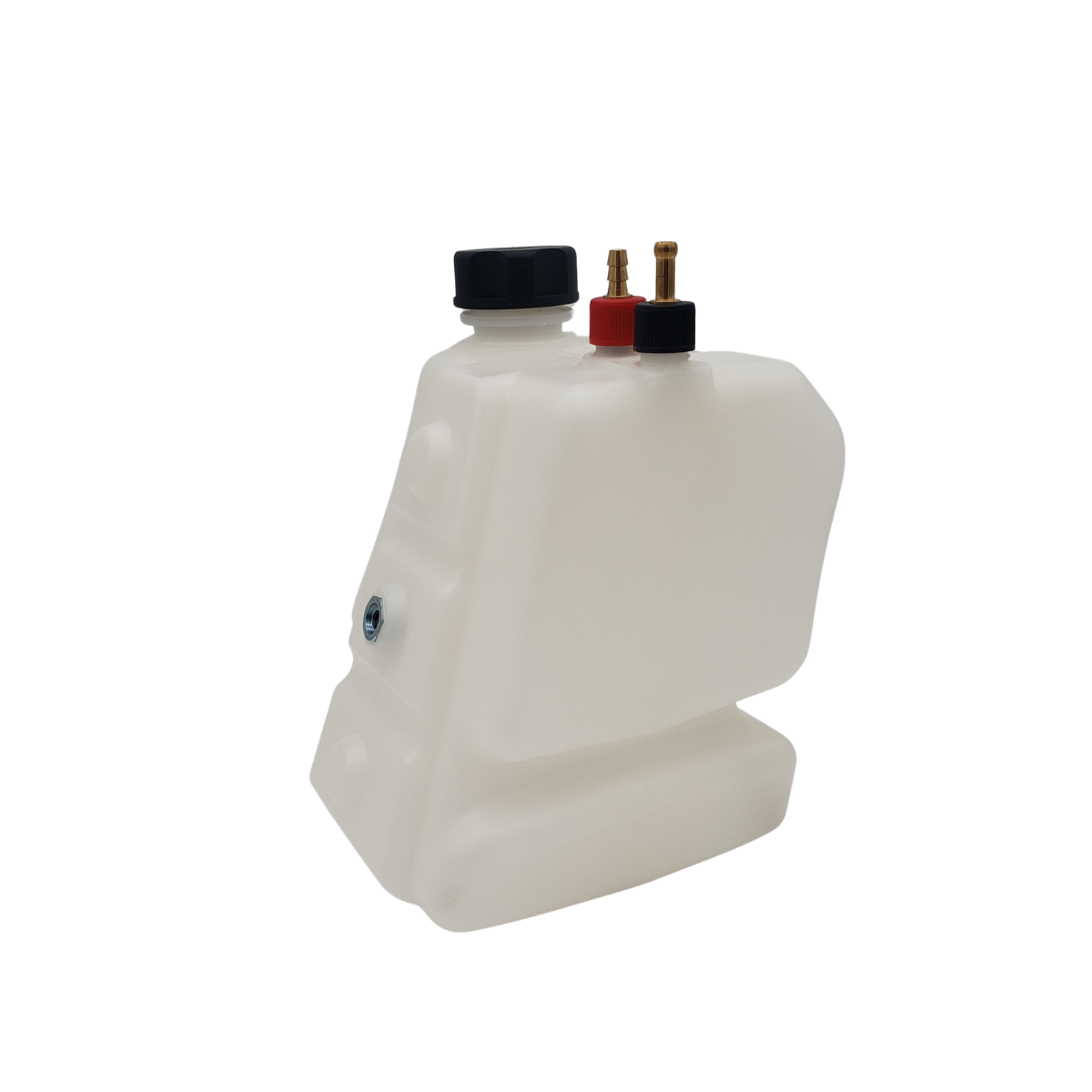 White plastic fuel tank with black cap and red/black terminals on a white background