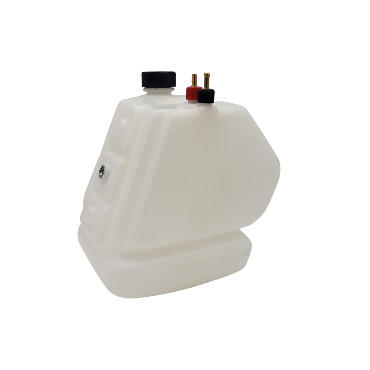 Translucent plastic container with black cap and red electrical terminals on top