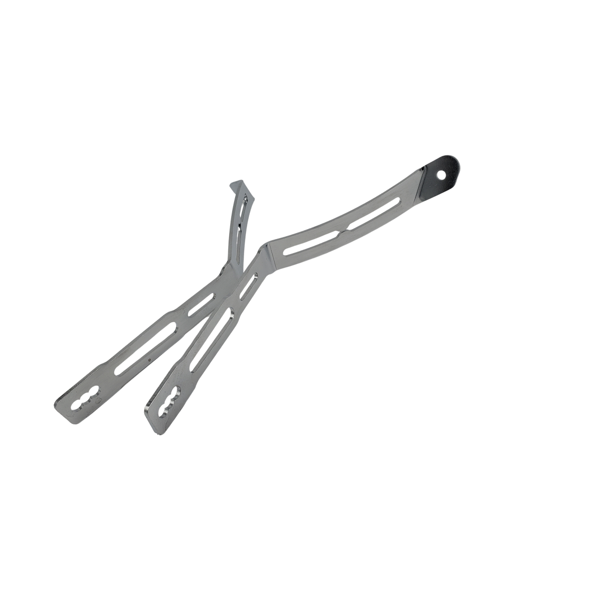 Gray metal flat spring clip with elongated slots and a looped end on a white background