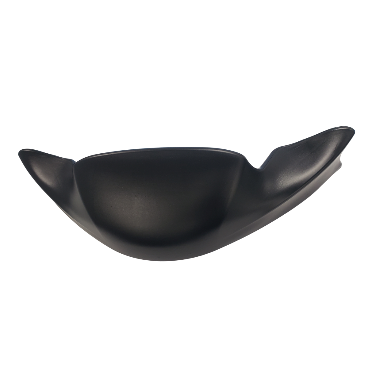 Black ceramic bowl with two curved side handles on a white background
