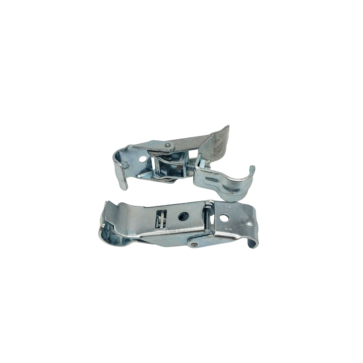 Two small silver metal fasteners with hinge-like clips on a white background