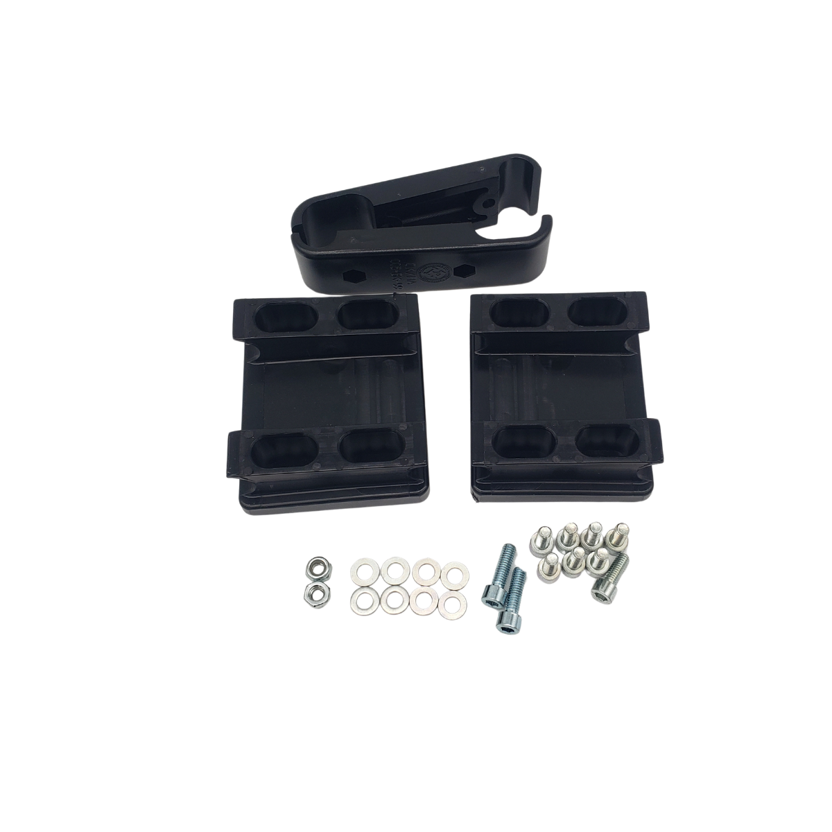 Black mounting bracket kit with two side brackets, top clamp, screws, and washers on white background
