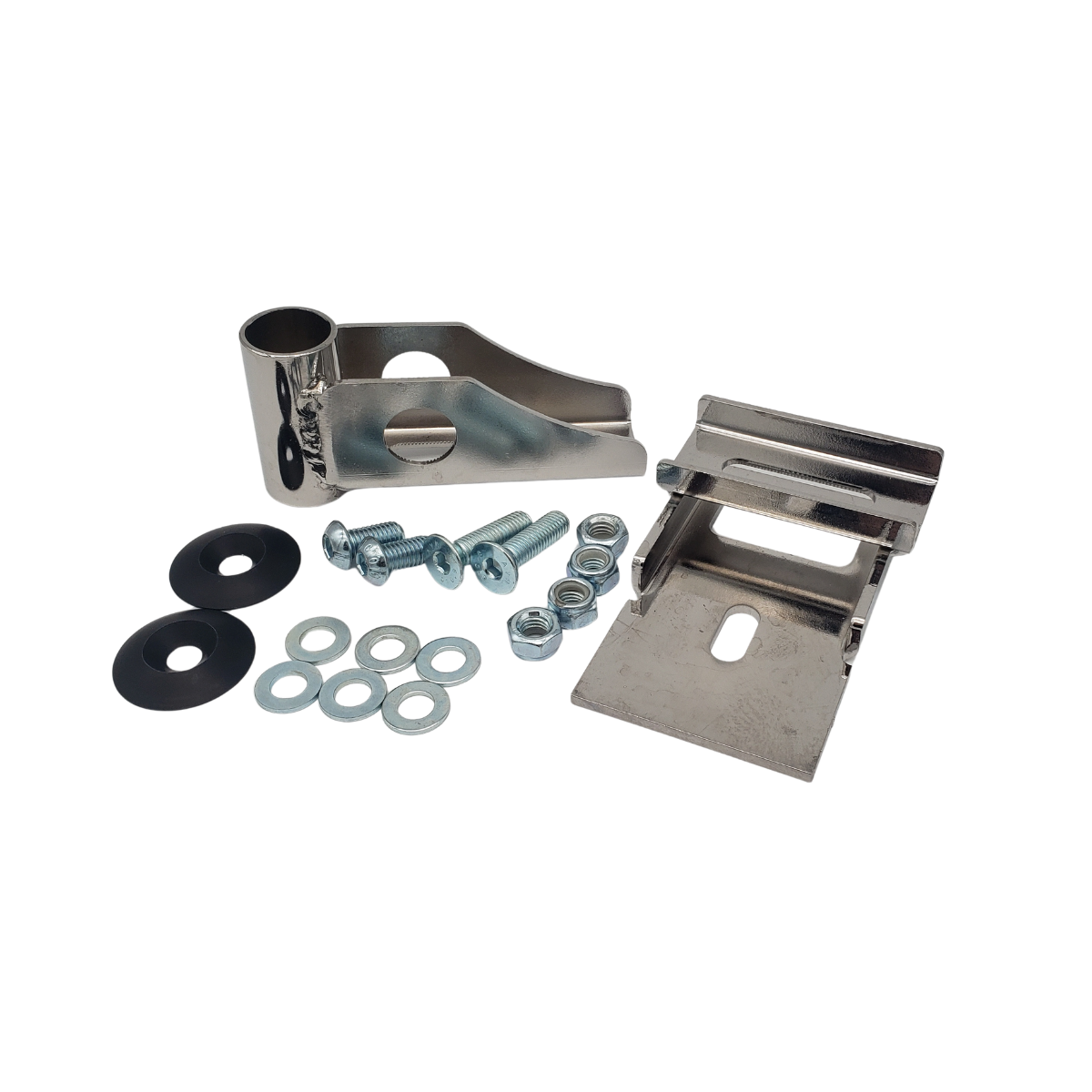 Metal mounting bracket kit with screws, washers, and bolts on a white background