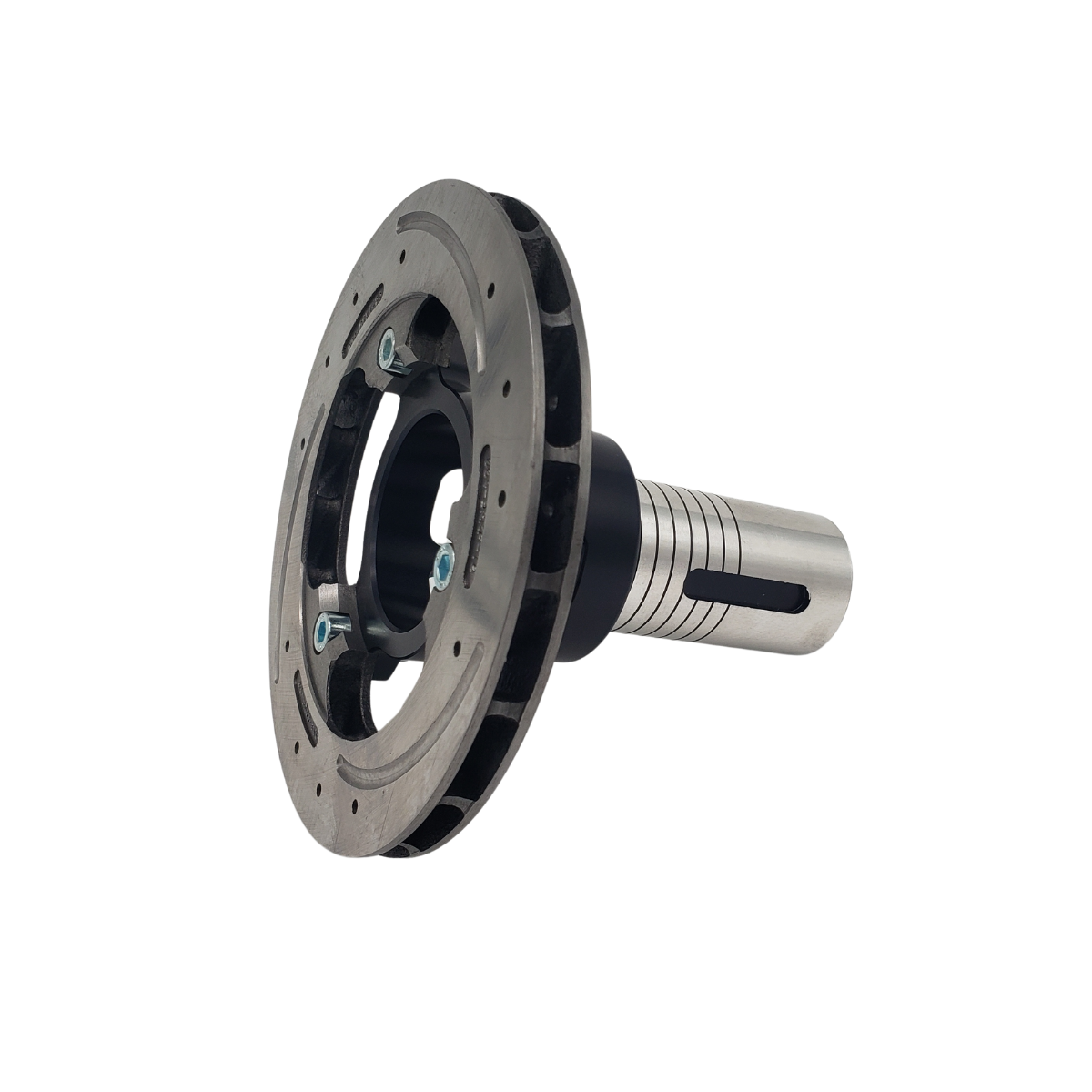 Metal mechanical flange with a cylindrical shaft on a white background