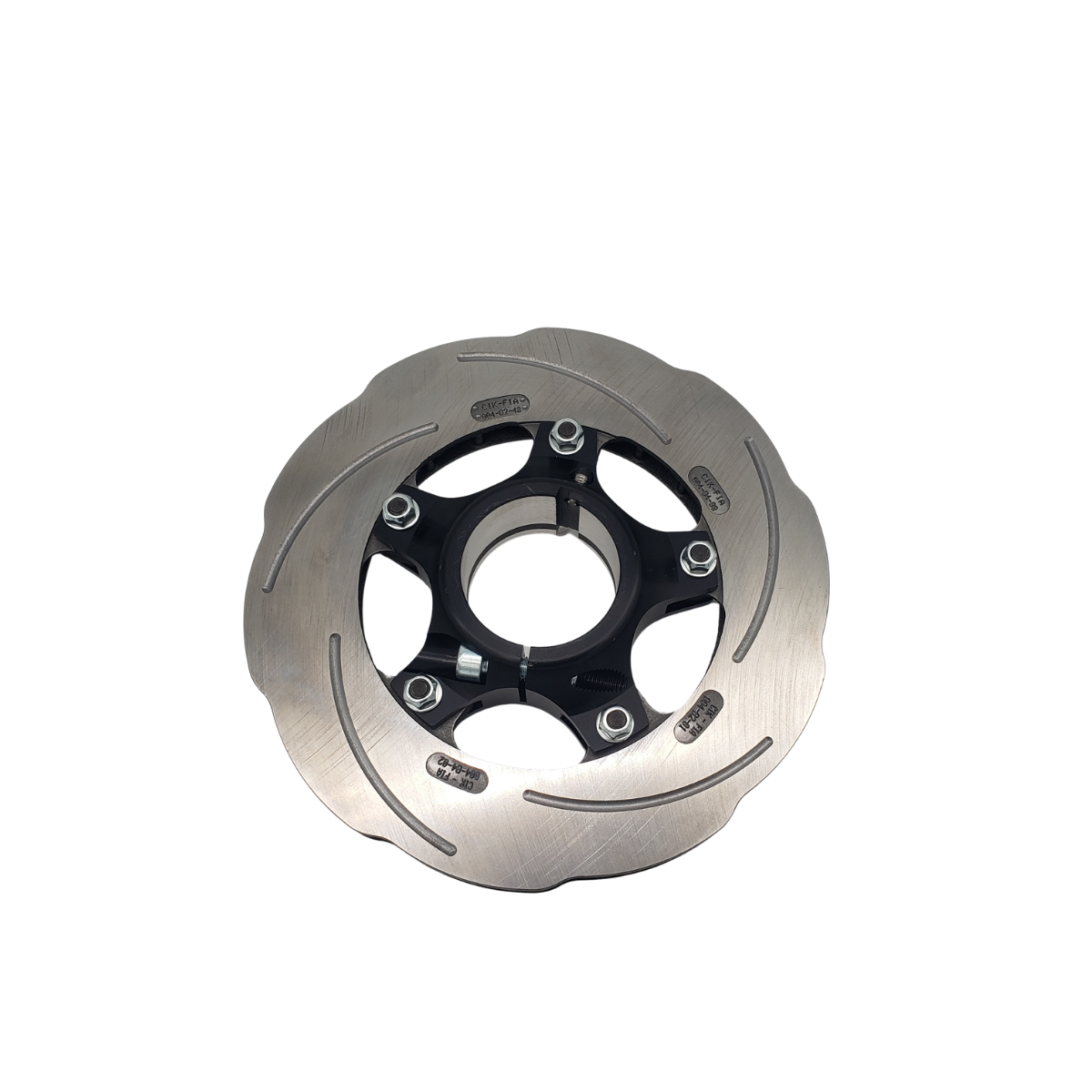 Metal bicycle disc brake rotor on a white background