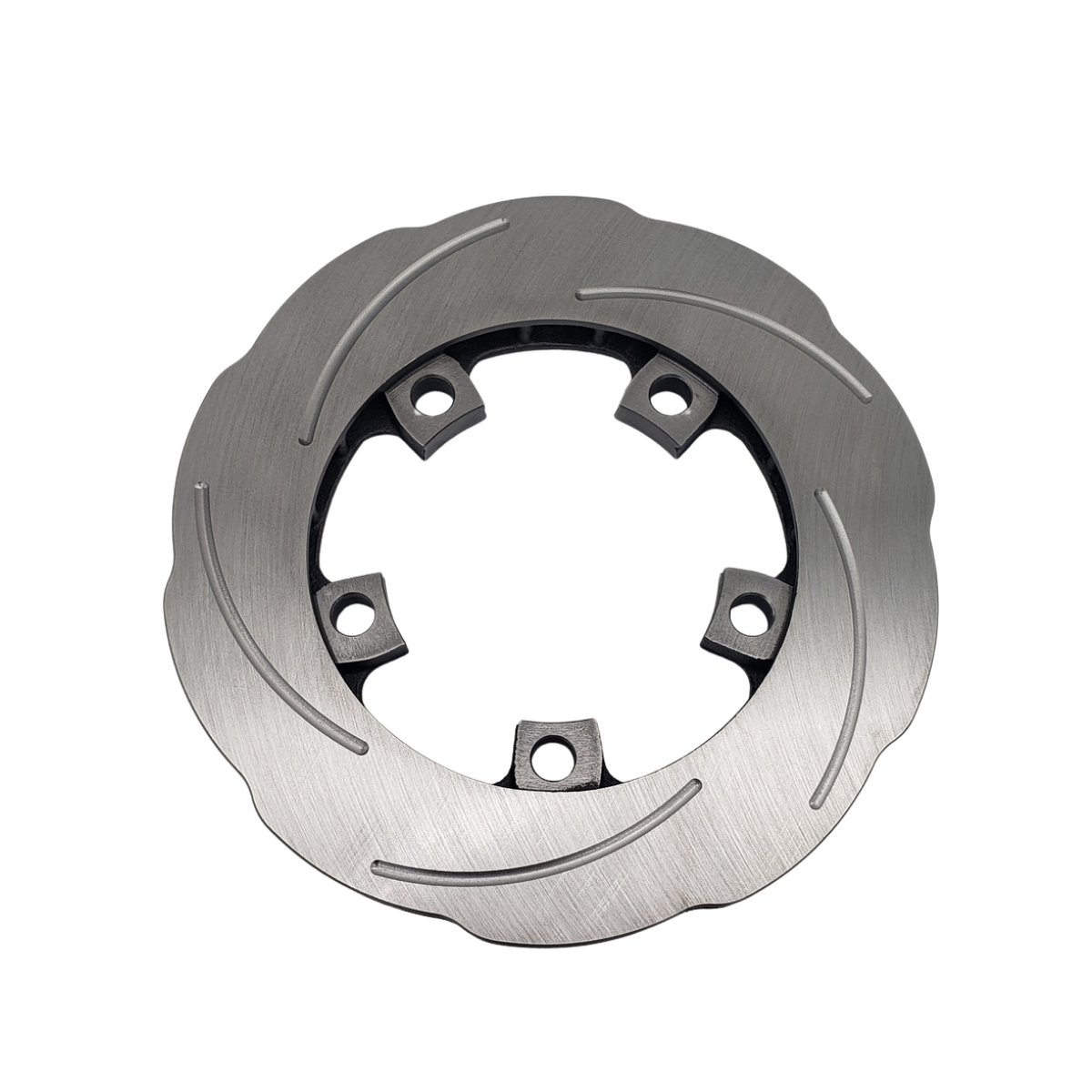 Silver metal mechanical part with circular cutouts on a white background