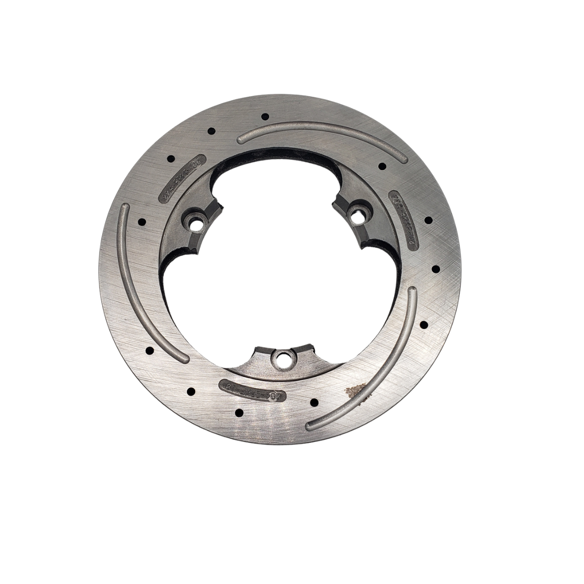 Circular metal brake disc rotor with evenly spaced holes, isolated on a white background