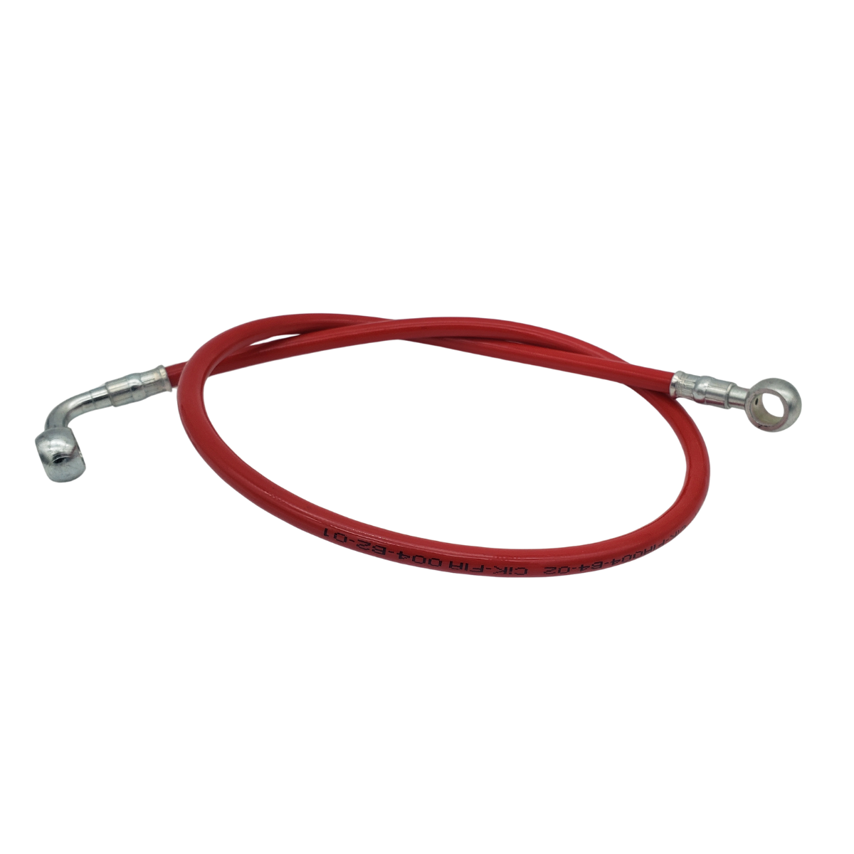Red cable with metal ring terminals on both ends, coiled on a white background