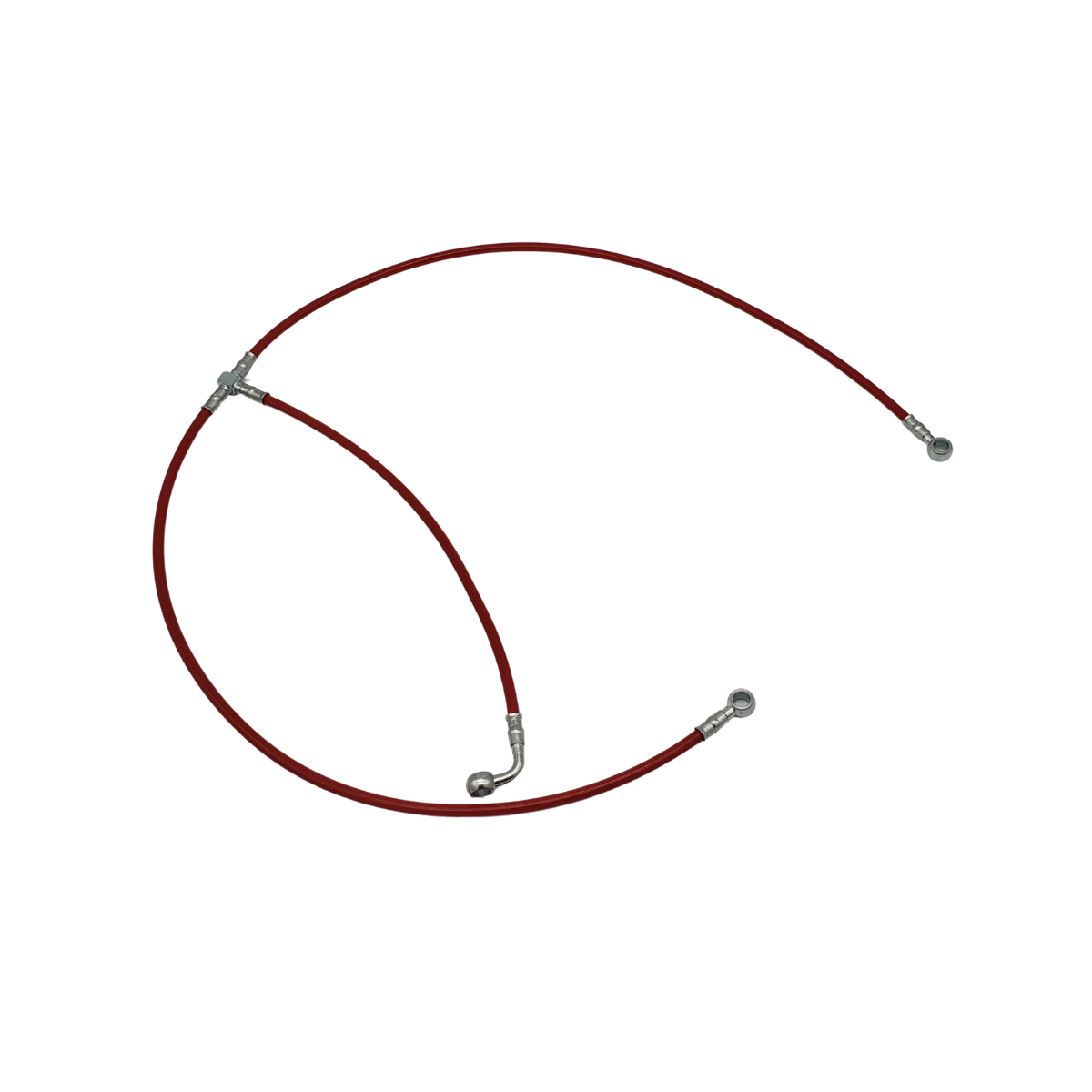 Red coiled cable with three gray connectors on a white background