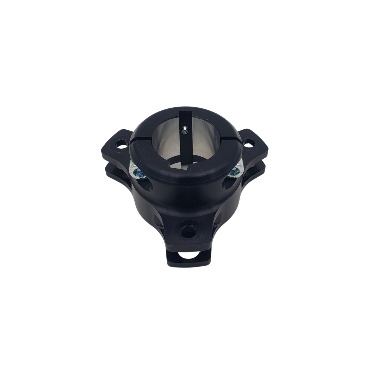 Black plastic circular mounting bracket with three tabs on a white background