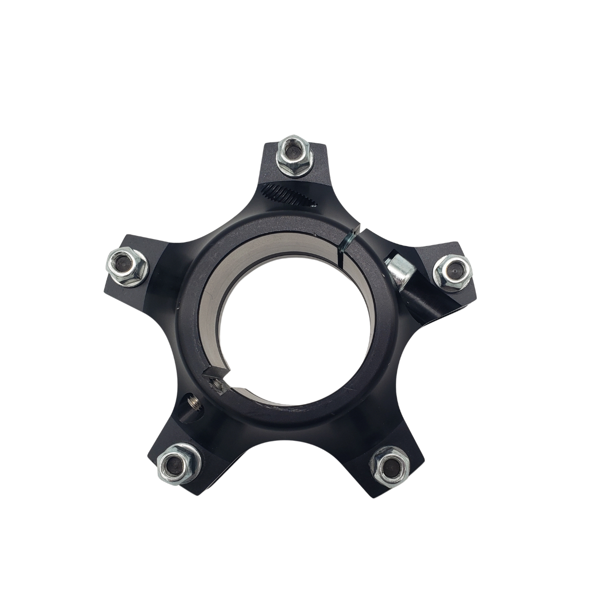 Black five-spoke mechanical hub adapter with silver bolts on a white background