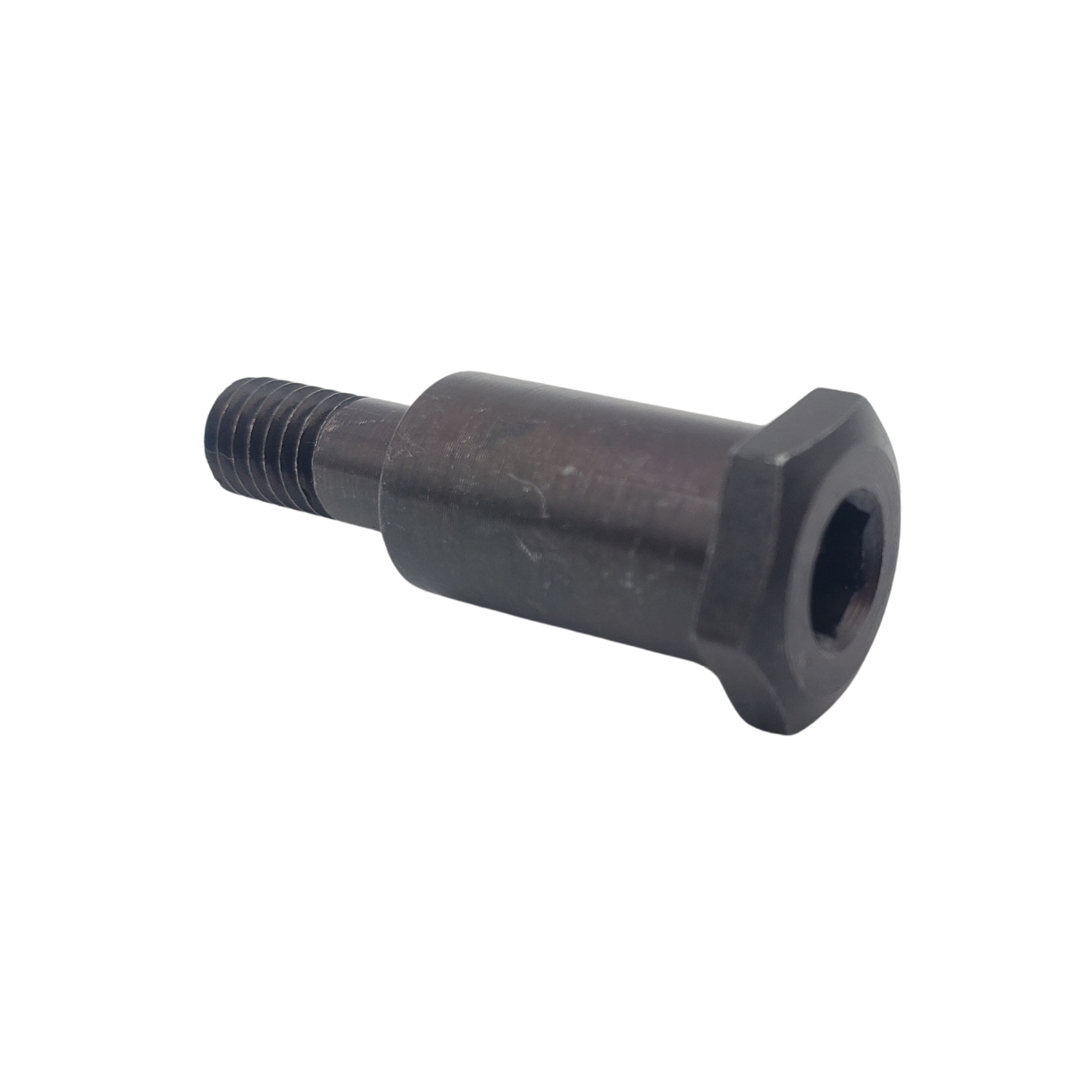 Black metal screw with hex socket head and threaded end on a white background