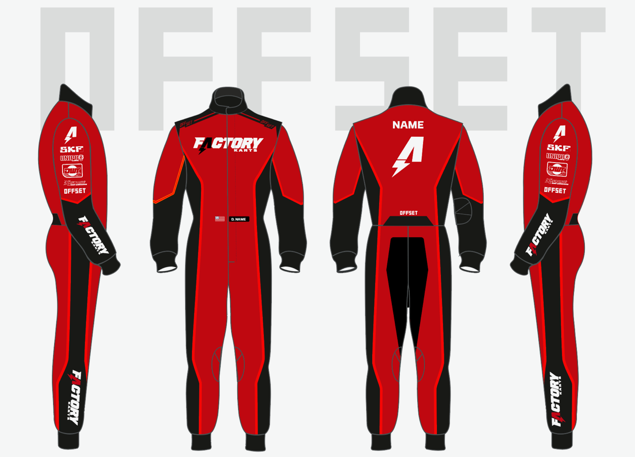 Factory Karts Red and black motorsport racing suit shown from front, back, and side views, with white sponsor text.