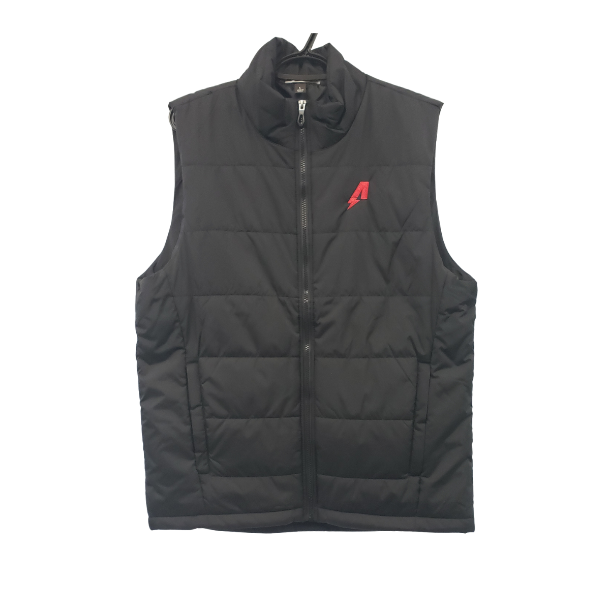 Factory Karts Black quilted sleeveless puffer vest with a red logo on the chest, shown front view.