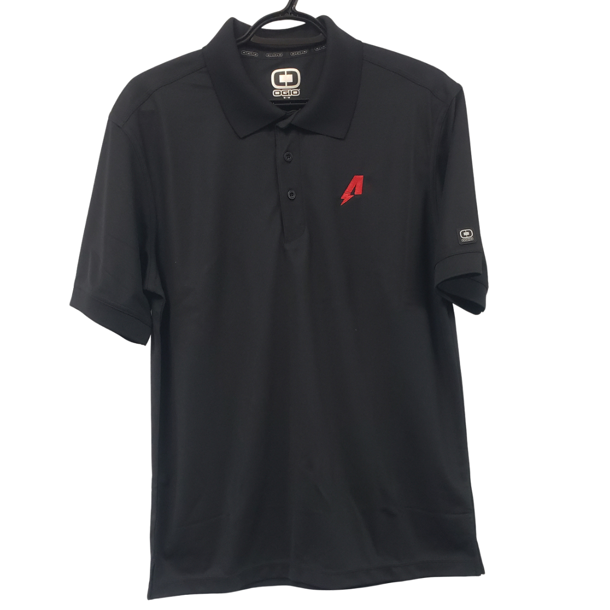 Factory Karts Black collared polo shirt with red logo on a hanger