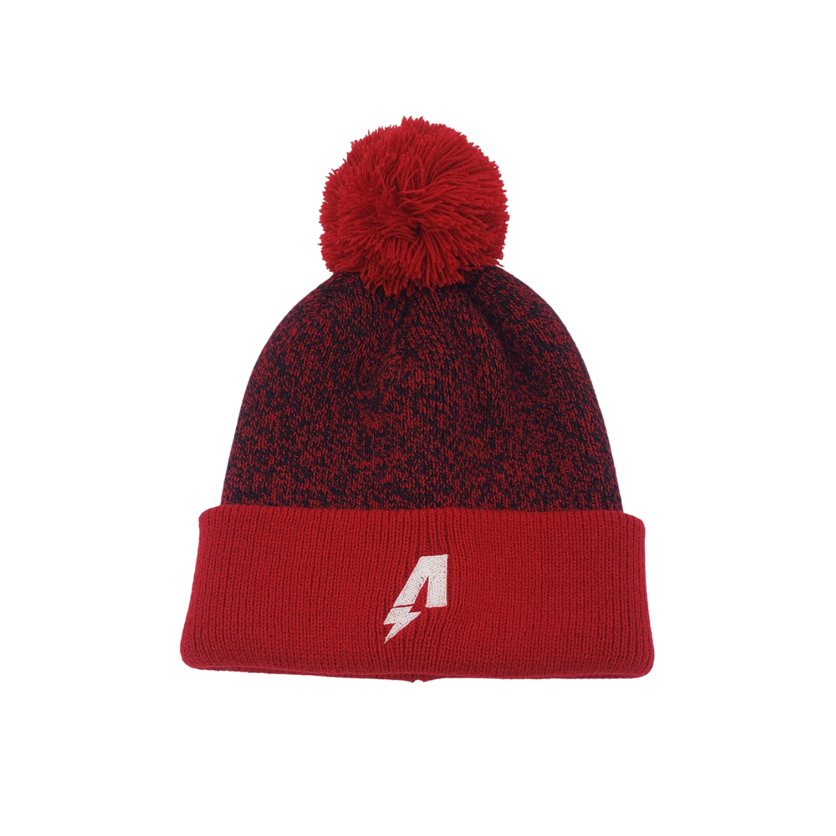 Factory Karts Red and black knit beanie with pom-pom and white logo on cuff
