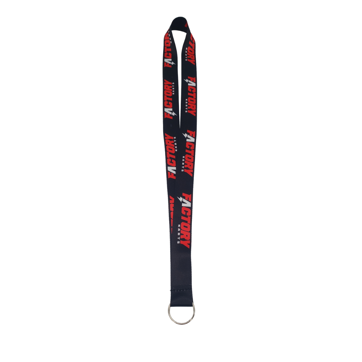 Black lanyard with red text and a metal keyring on a white background