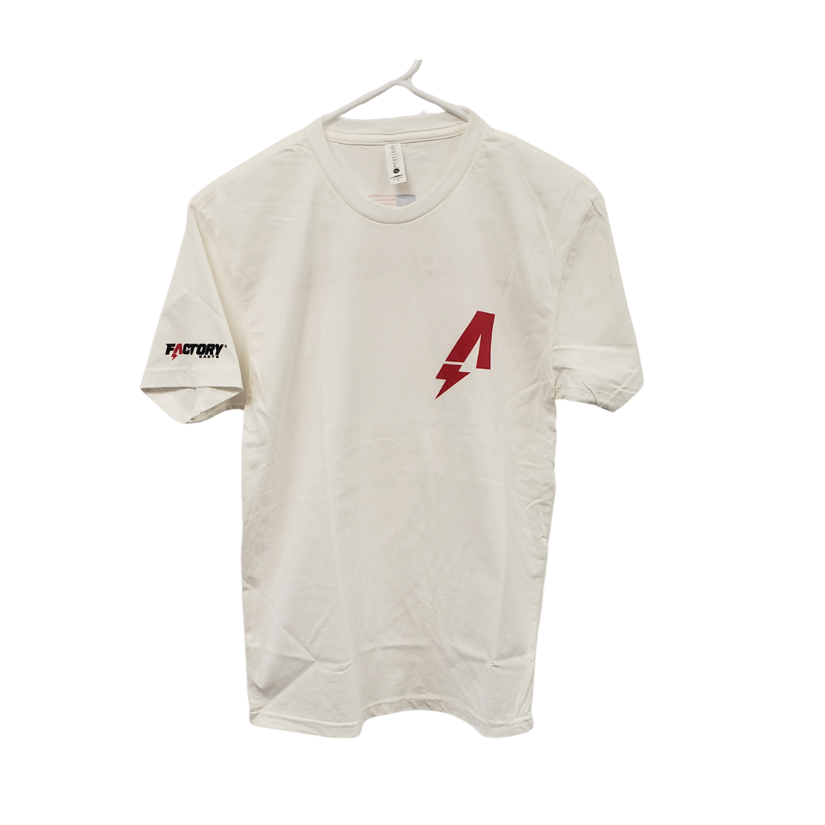 Factory Karts White T-shirt with a red logo on the chest and a small black-and-red patch on the sleeve, on a hanger